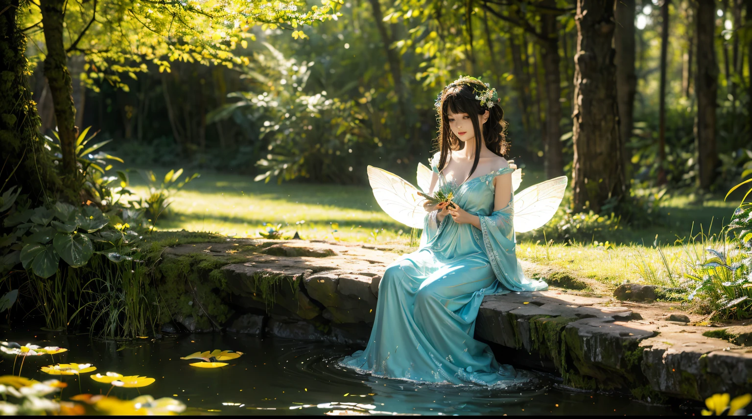 "Charming &quot;Flower Fairy&quot; depicted in pristine and magical woodlands，pond near waterfall, Delicate and vibrant flowers adorned her flowing gown. Fairies have otherworldly beauty，Has ethereal wings, Her graceful posture exudes wonder and magic. Make colors come alive，Create a vivid and dreamy atmosphere, Bathed in soft sunlight and sparkling pollen grains. Create a masterpiece，Capturing the essence of nature’s charm and the mysterious presence of the “Flower Fairy”."