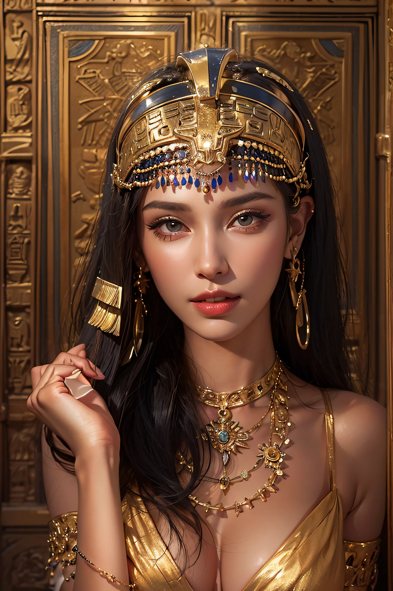 woman (cleopatra) on throne , detailed background