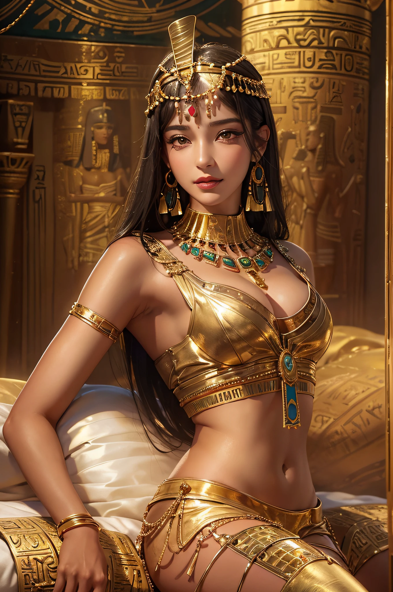 Sexy mature Cleopatra,Cleopatra,Ancient Egyptian palace,wearing ancient egyptian clothing,Ancient Egyptian decorated rooms,Ancient egyptian arranged background,Lie on the big bed(An extremely delicate and beautiful work:1.2)a very beautiful and sexy woman, Sexy and seductive, Have perfect body proportions,Tight and sexy body(Bigboobs)Perfect body curves,Moisturizes skin,clear skin texture,moist skin feeling(Advanced skin details:1.1)attractive smile,Flawless Face,black long straight hair,clear hair texture,Delicate hair(Quality hair details:1.1)egyptian dancer costume,Beautiful and delicate eyebrows and eyelashes,pretty eye makeup,Clear eye details,8K ***********************(Advanced eye detail:1.1)Sensual lips(Perfect lip shape)(seduct smile) The optimal ratio of four fingers and one thumb,Wearing gold earrings,golden necklace,Golden bangles,Gold anklet,Gold-tone waist chain,Headgear,Gold foil series,Cleopatra series,Master of photography,Perfect masterpiece,Best Picture Quality,ultra - detailed, 超高分辨率, realistically, RAW photos