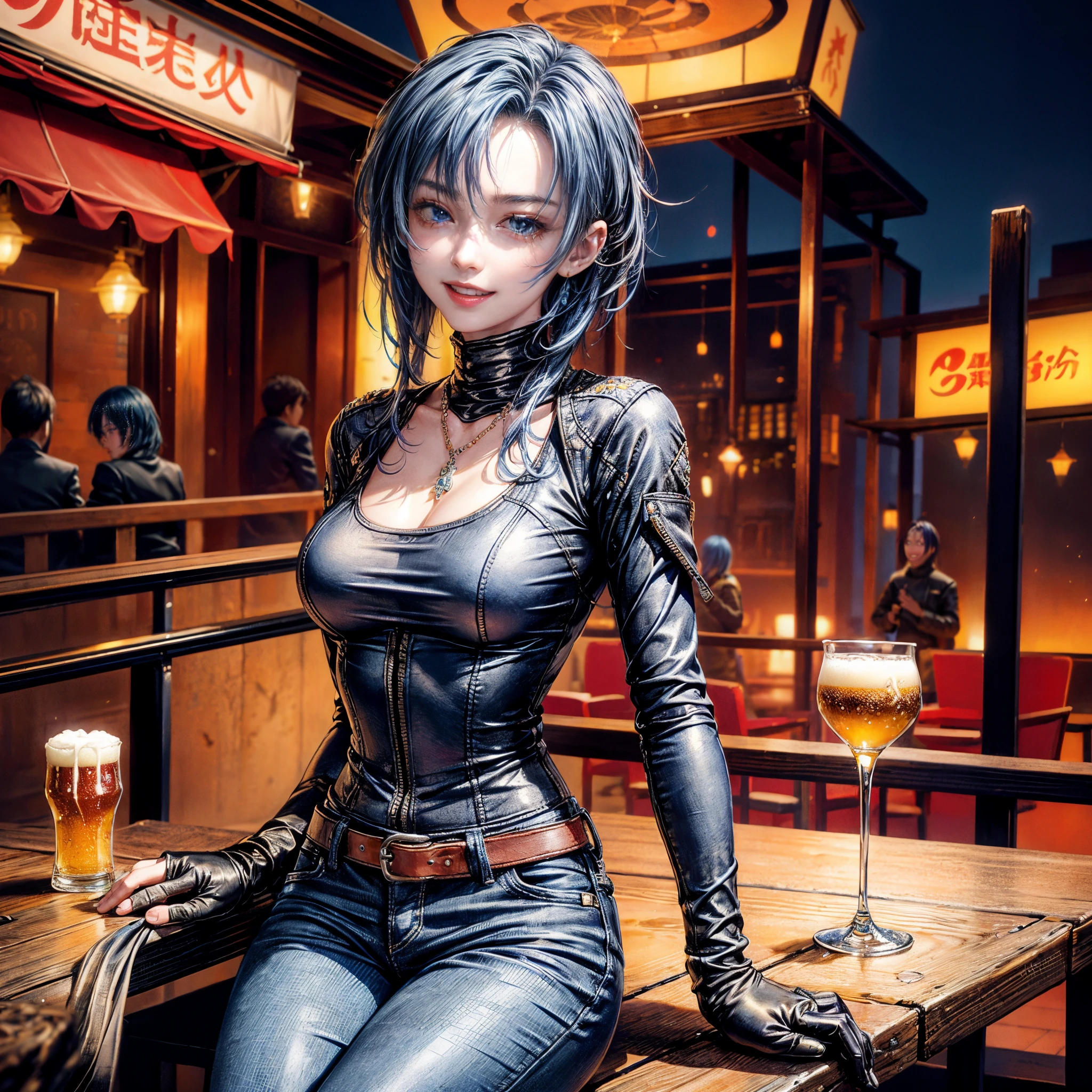 Cinematic lighting、16k picture quality、highlydetailed skin、masutepiece,(1girl in, Solo:1.5)、Best Quality,cyberpunked,(1beautiful woman、Detailed beautiful facial features、Medium Hair、Blue hair、blue eyess:1.3)(laugh:1.5)Rosary Necklace、(Neck exposure:1.5)
BREAK is a knit turtleneck top, shiny leather gloves、Denim wide pants, leather switching stadium jacket,BREAK、Hands placed on the table(natta、restaurant terrace、drinking beer:1.4)Terrace seating、beer