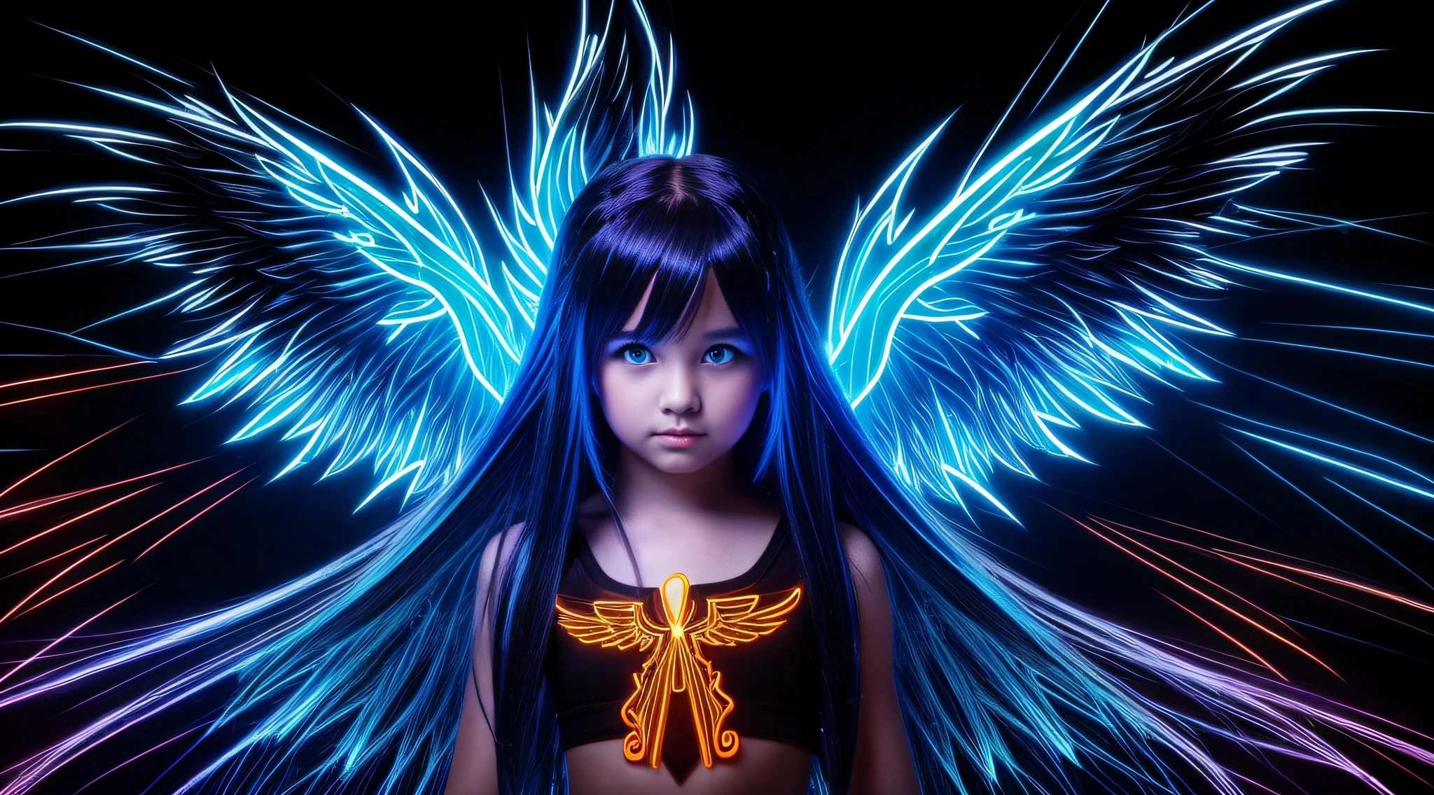 FIREHAIR child girl LONG HAIR, com asas em um fundo branco, Asas pretas ligeiramente queimadas, Asas Negras, lasers azuis, fundo preto. neon cross,