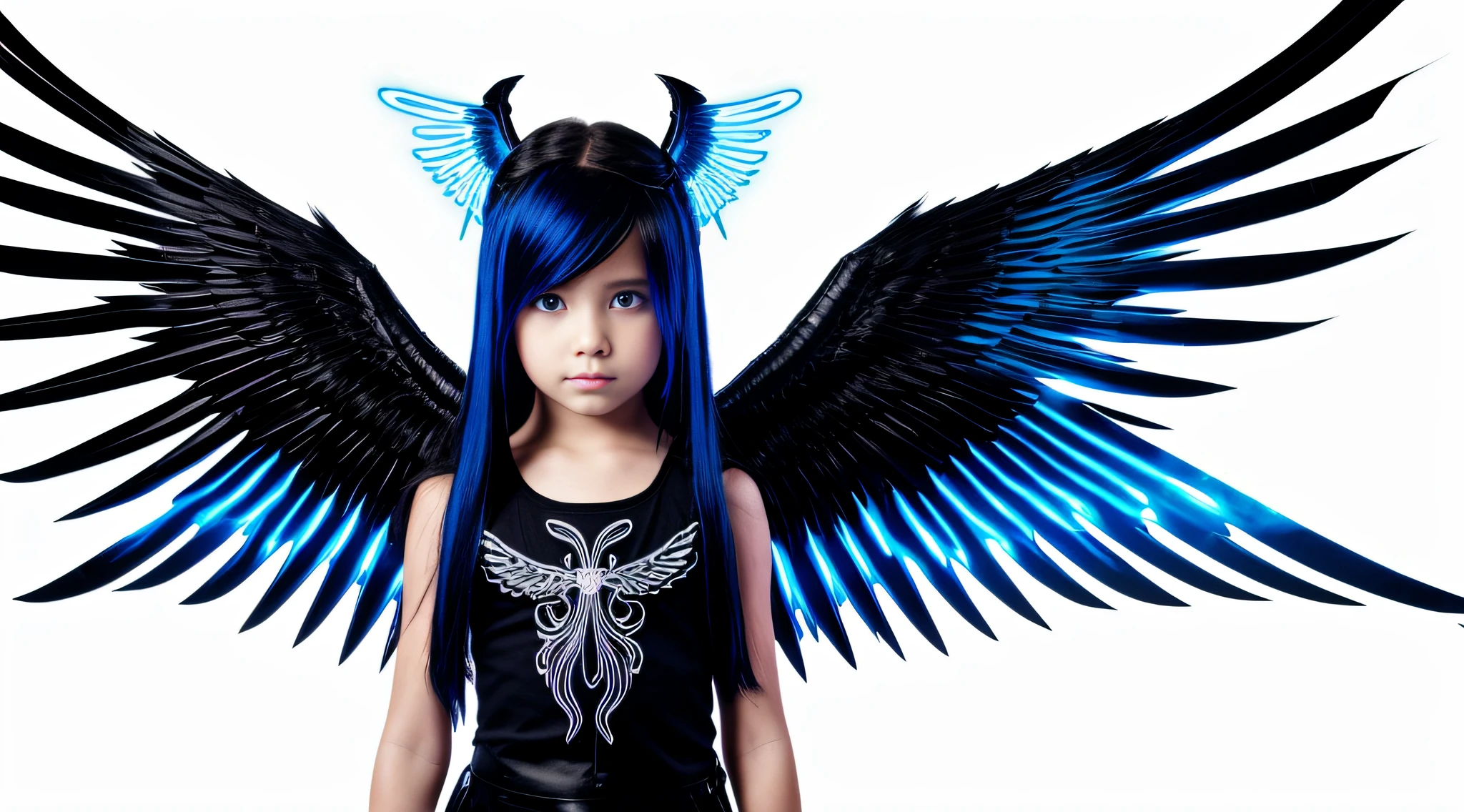 FIREHAIR child girl LONG HAIR, com asas em um fundo branco, Asas pretas ligeiramente queimadas, Asas Negras, lasers azuis, fundo preto. neon cross,