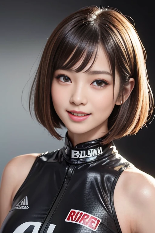 best quality best quality,High quality,masutepiece,Detailed details,hight resolution、Haute,Realistic, resolution,1girl in,Beautiful,beautiful face beautiful face,Beauty of beauty,(shinny skin,bob cut with movement),Looking at Viewer,red blush|blush and dye,, Open mouth and smile expression,,golden hair with black mesh,Studio Lighting、(((Oiled oiled skin、extreme race queen uniform、full-body view、circuit、)))、Sweating