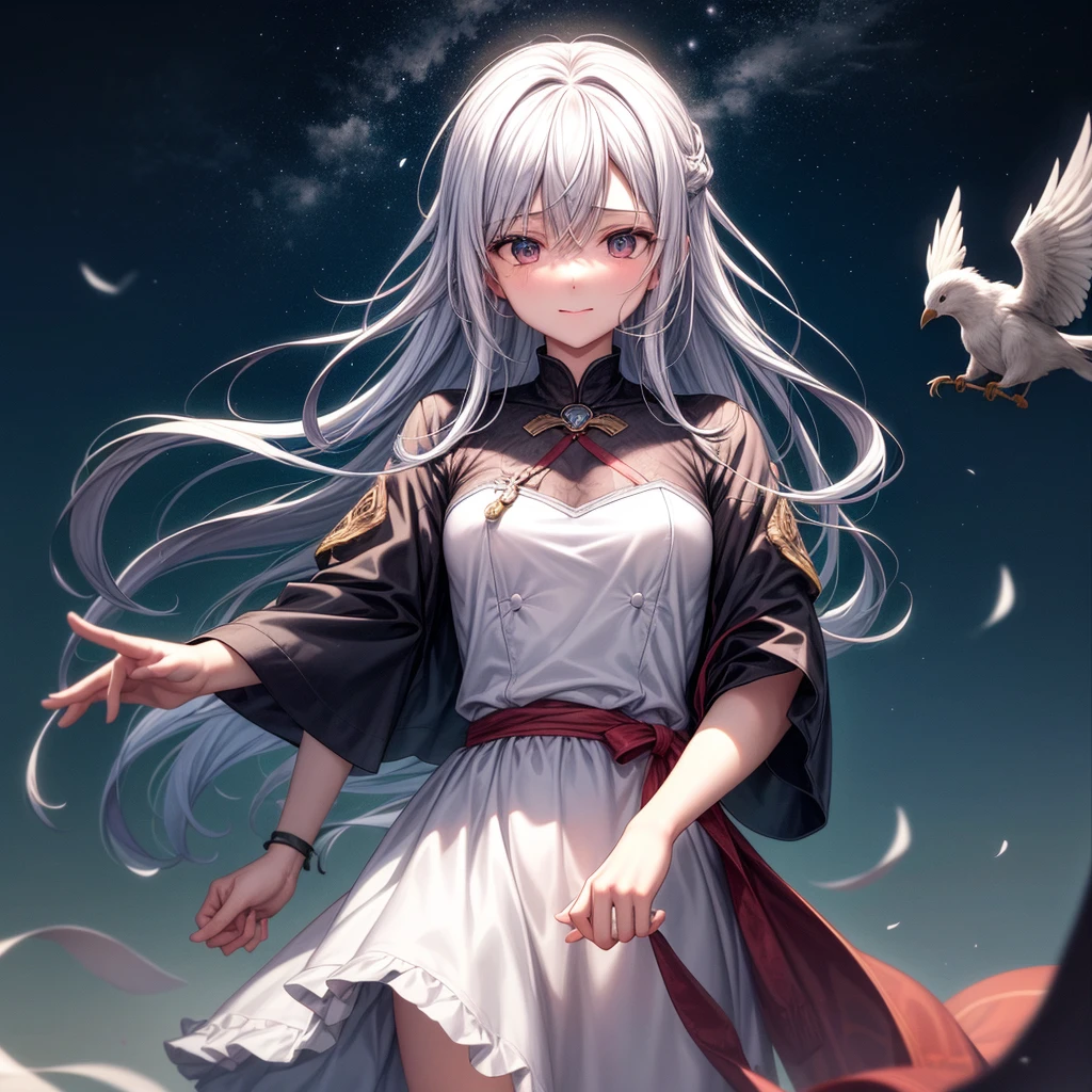 Anime girl chibi 25 years old. with white hair and green eyes looking at camera , long hair、Anime CG arte suave, anime style. 8k, Hecho con Anime Painter Studio, Retrato realista kawaii, Render de una linda chica de anime , Retrato suave colorido, Anime estilizado、(fondo cuidad en ruinas con mucha vegetacion salvaje), (Calidad de imagen superior), (Fondo de pantalla 8k unificado CG ultrafino), (colorido:1.2), Sharp focus (full body camera shot), flat chest no , angel wings. different mouth positions.