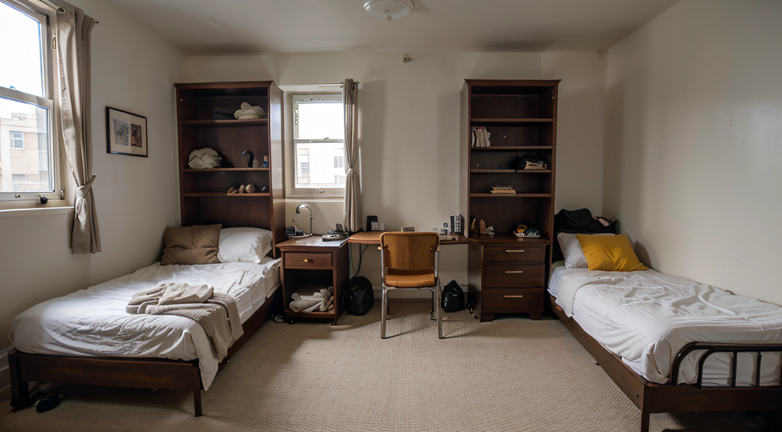 (a dormitory room with two bed), two beds, two desks, a small room, bags, male dormitory room, wardrobe, belongings, A very realistic room