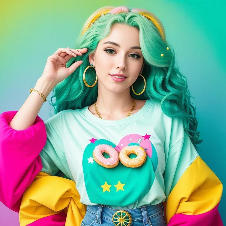 "(Mature and realistic portrayal:1.2) Sailor Neptune (Sea-green hair) exuding confidence as she holds a microphone, her blonde hair cascading down, adorned in stylish rainbow denim clothes from the 2000s, with a backdrop filled with donuts."