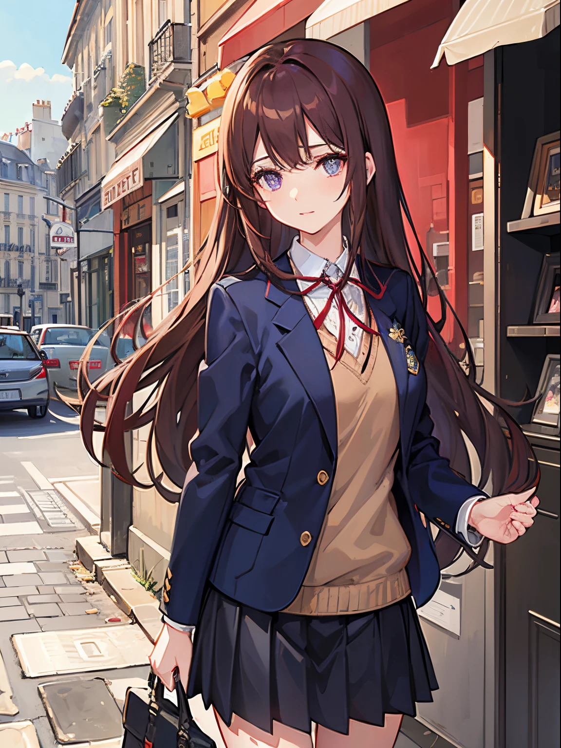 Streets of Paris、Paris Collection、high-level image quality、Brown hair long hair、Reddish-purple eyes、Navy blue blazer school uniform with red ribbon、Dark Tone, Vibrant colors、Bust-up shot, Delicate drawing、--s 400