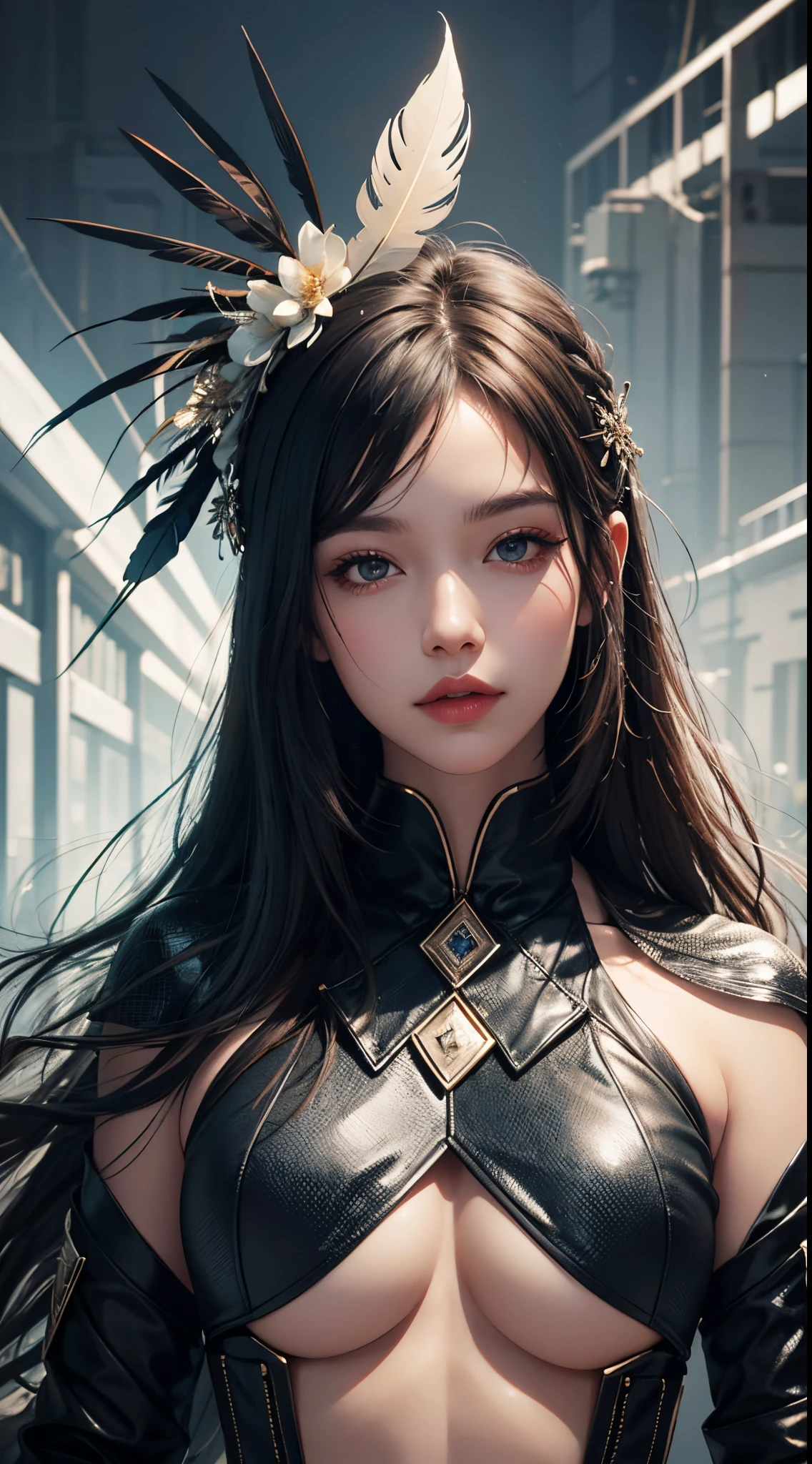 eye reflection, feather hair ornament, UHD, retina, masterpiece, ccurate, anatomically correct, textured skin, super detail, high details, high quality, best quality, highres, 1080P, HD, 4K, 8k, 16k