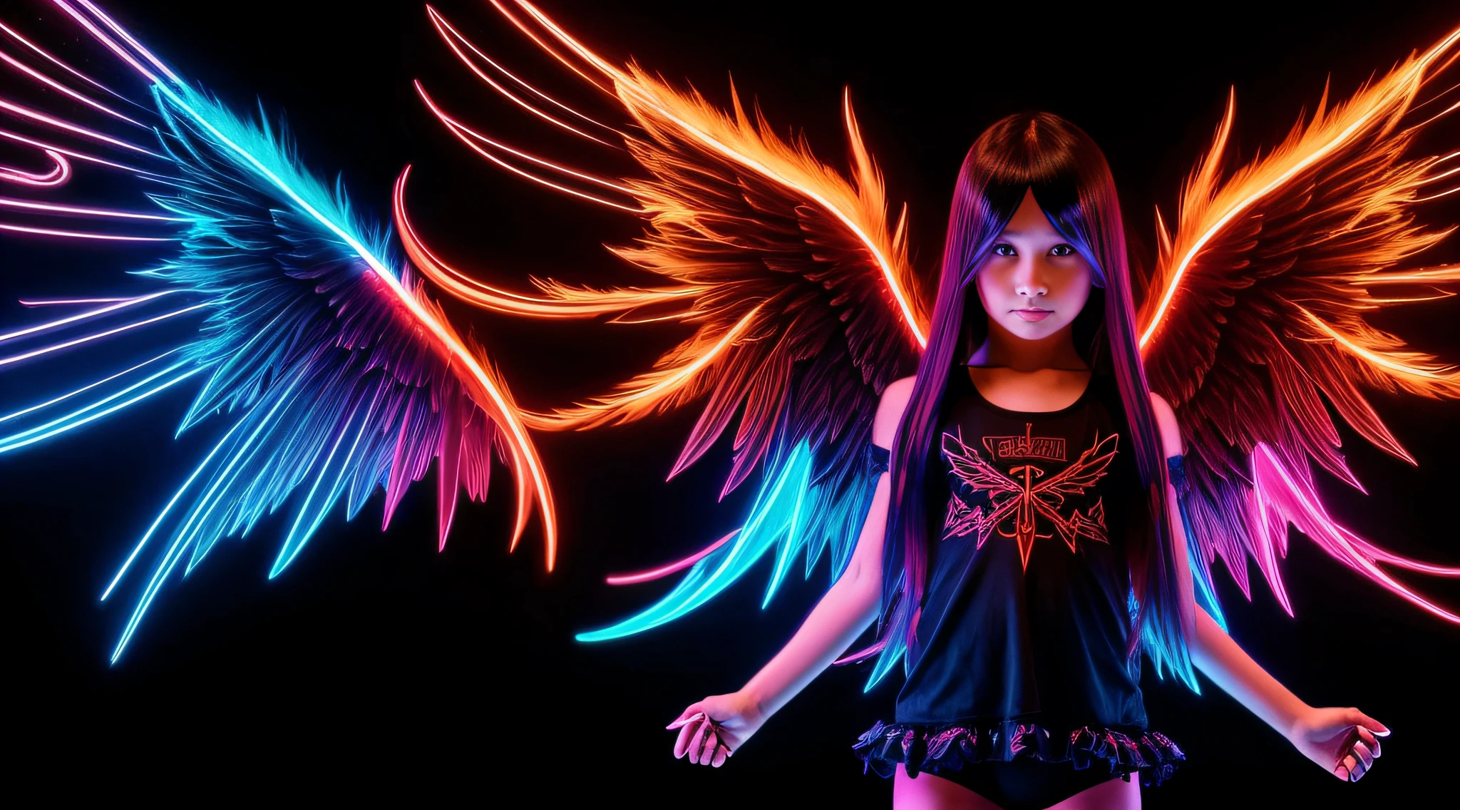 FIREHAIR child girl LONG HAIR, com asas em um fundo RED BLOOD, Asas pretas ligeiramente queimadas, Asas Negras, lasers azuis, fundo preto. neon cross,