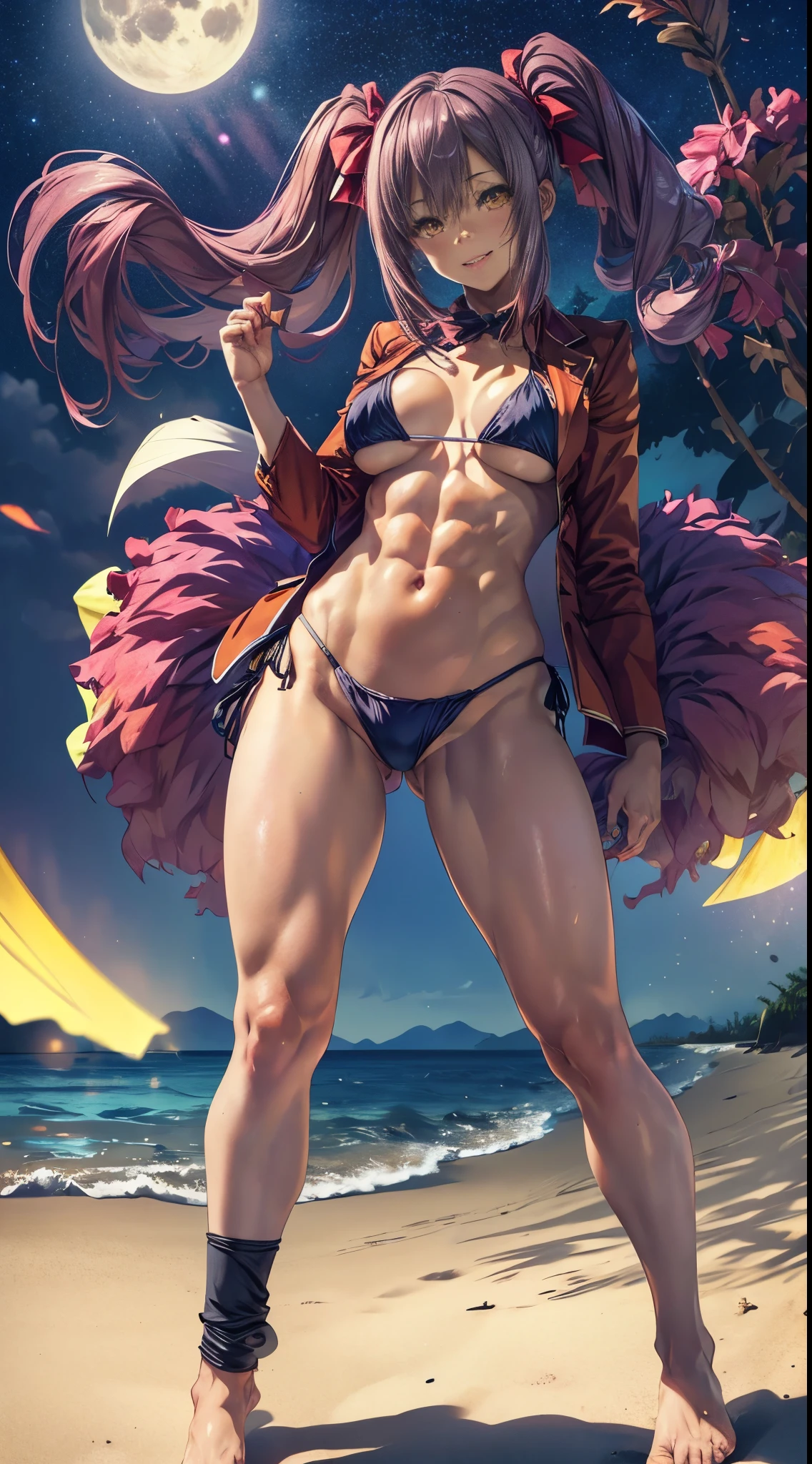 1 girl, (medium breasts))), (((wearing short bikini))), (magenta hair), (((bright yellow eyes))), slim arms, (on the beach at night with starry sky and full moon blood), (slim waist), (((muscular legs))), muscular belly, bare feet, (((showing big ass and looking down))), (full body photo), standing, (twintails ), long eyes, eye flare, bad mood, anime, anime style, ray tracing, glare, drop shadow, panorama, Sony FE, 8k, UDisk, masterpiece, accurate, anatomically correct, Super Detail, best quality, ultra high resolution, UDisk hard, 16k