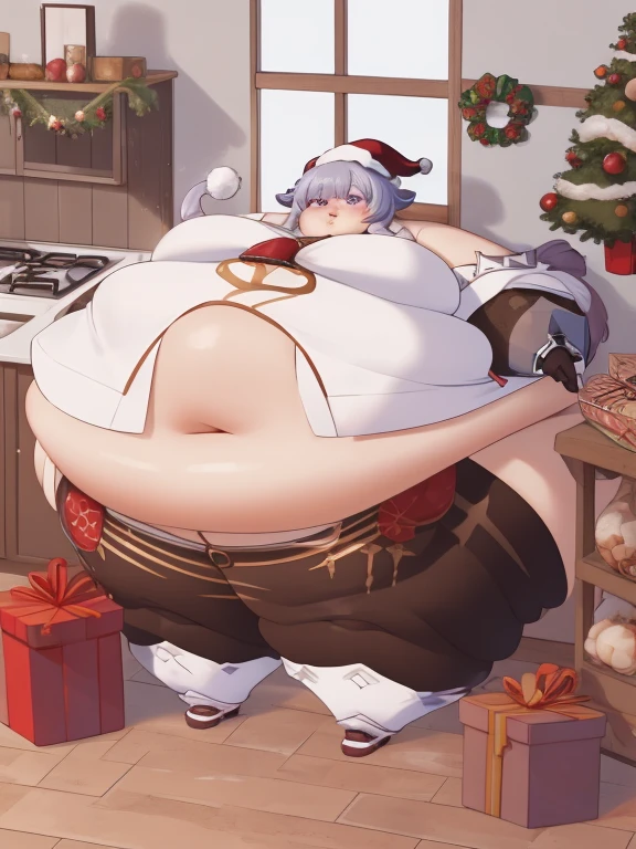 ((Masterpiece)), 4k, USSBBW ganyu \(genshin impact\), ganyudef, kitchen, purple eyes, christmas style, immobile, Obese belly, Extra Big Obese thick Thighs, Big Fat Butt, Chunky Big Arms, Medium Breasts, visible navel, cute, big cheeks, WeightImmobile