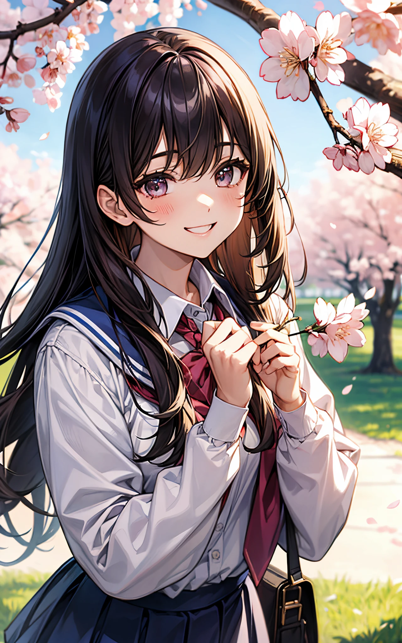 While the cherry blossoms are falling、She is wearing a high school uniform、show a bright smile、dazzling。