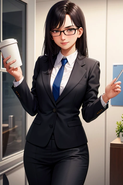 best quality, high resolution, different image, detailed background, woman, medium breasts, random wear, long black hair, glasses, inside company bathroom, dutch angle, long release, nervous look, coffee stain, sensual, respectable boss wearing a business suit