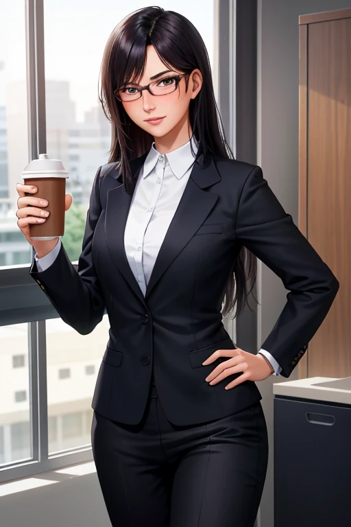 best quality, high resolution, different image, detailed background, woman, medium breasts, random wear, long black hair, glasses, inside company bathroom, dutch angle, long release, nervous look, coffee stain, sensual, respectable boss wearing a business suit