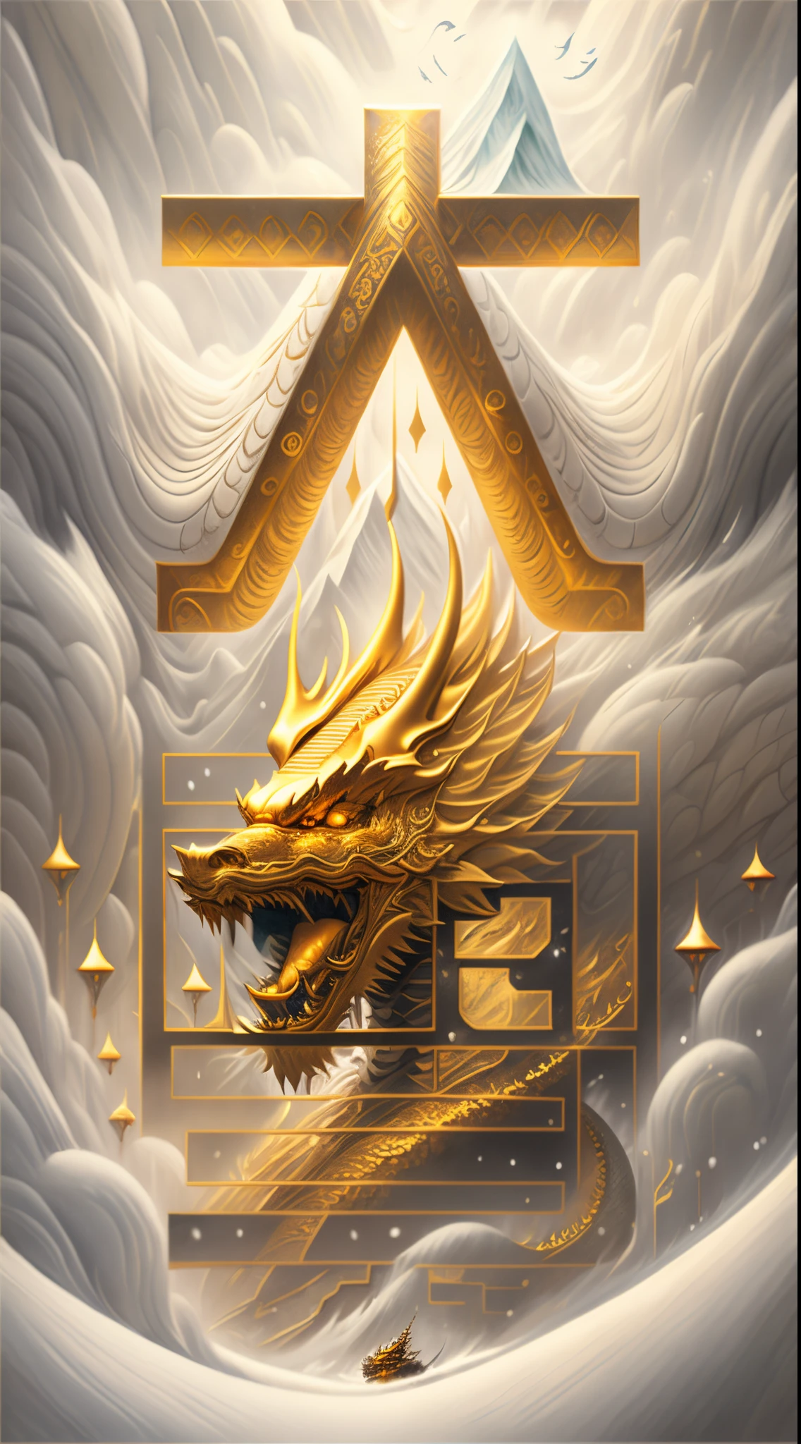 snow mountains，Huge golden dragon，Blizzarding，3Drenderingof，Fantasyart，Surreal，,the ultra-detailed,