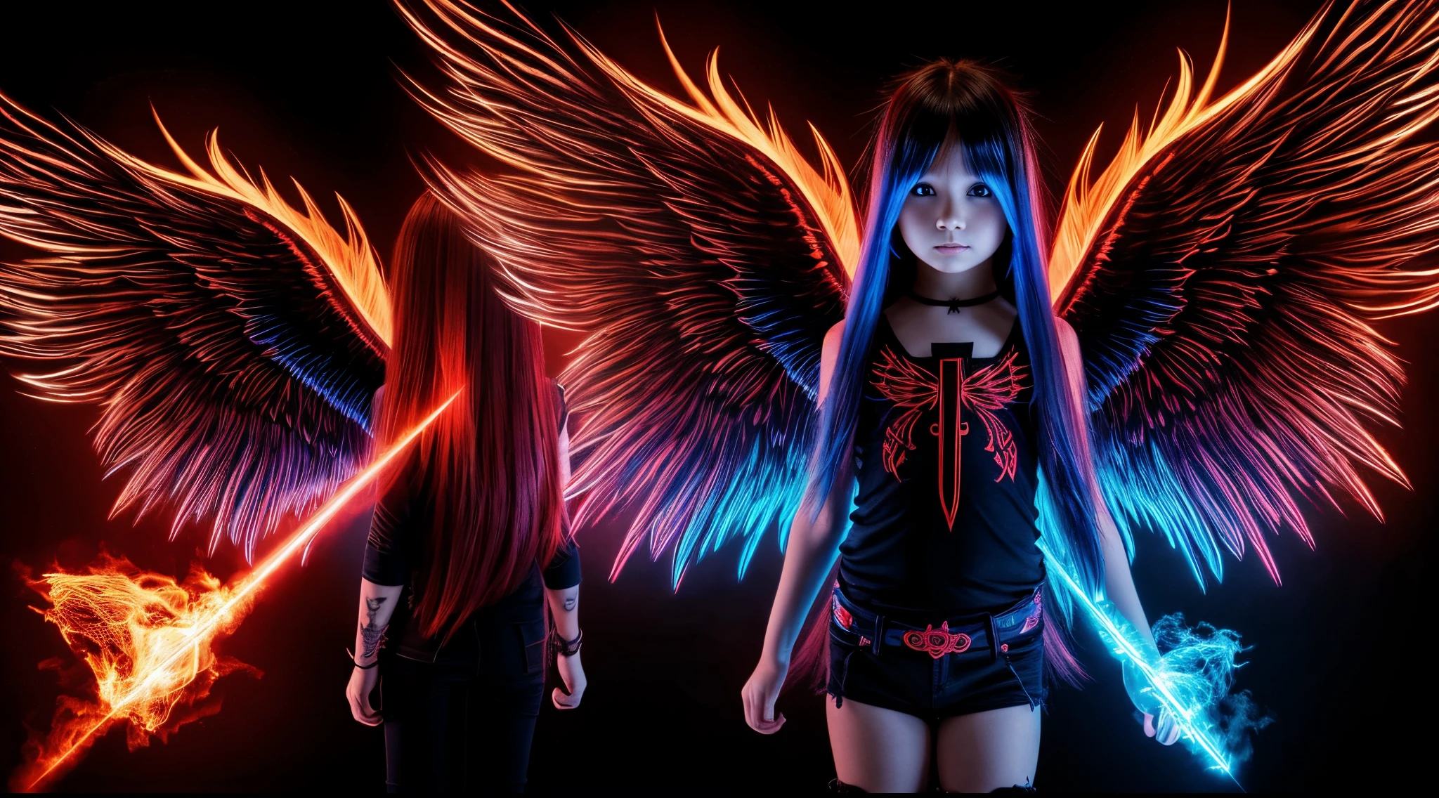 FIREHAIR child girl LONG HAIR, with wings on a RED BLOOD background, slightly burnt black wings, Black Wings, blue lasers, black background. neon cross,