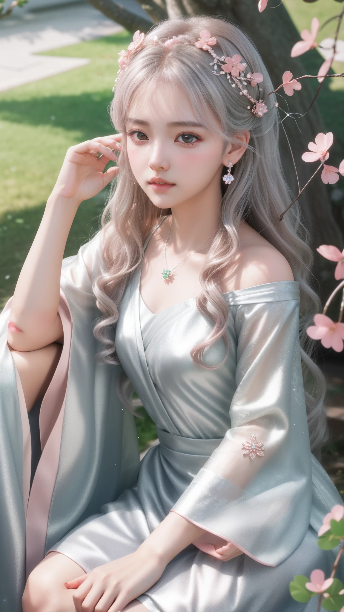 a girl, detailed hair, detailed eyes, shy, facial hair, clover hair ornament, jeweled branch of hourai, jewelry, light blush, light blush, musical note hair ornament, silver dress, princess dress, silver highlight, glowing light, ray tracing, bloom, chromatic aberration abuse, motion blur, 4K, UHD, masterpiece, sitting,