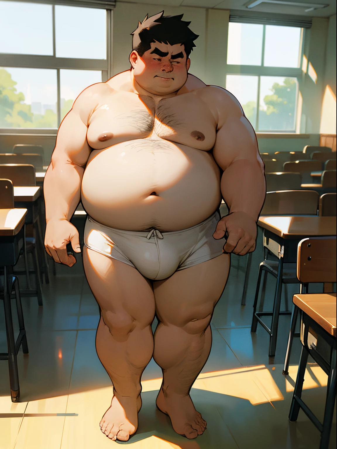 masterpiece,top-quality, Classroom, fat uncle is standing naked, bowleg, shirtless, bare legs, wearing a only white fitted briefs, sobbing, Fat Man, Black-haired man, Man with big face, Sweating, full body,