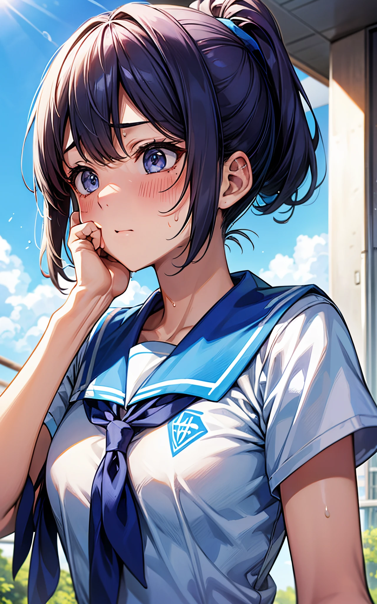 Hot summer、Wearing her high school uniform, she drinks ramune while looking up at the blue sky.。Sweaty。Sweat on the face。