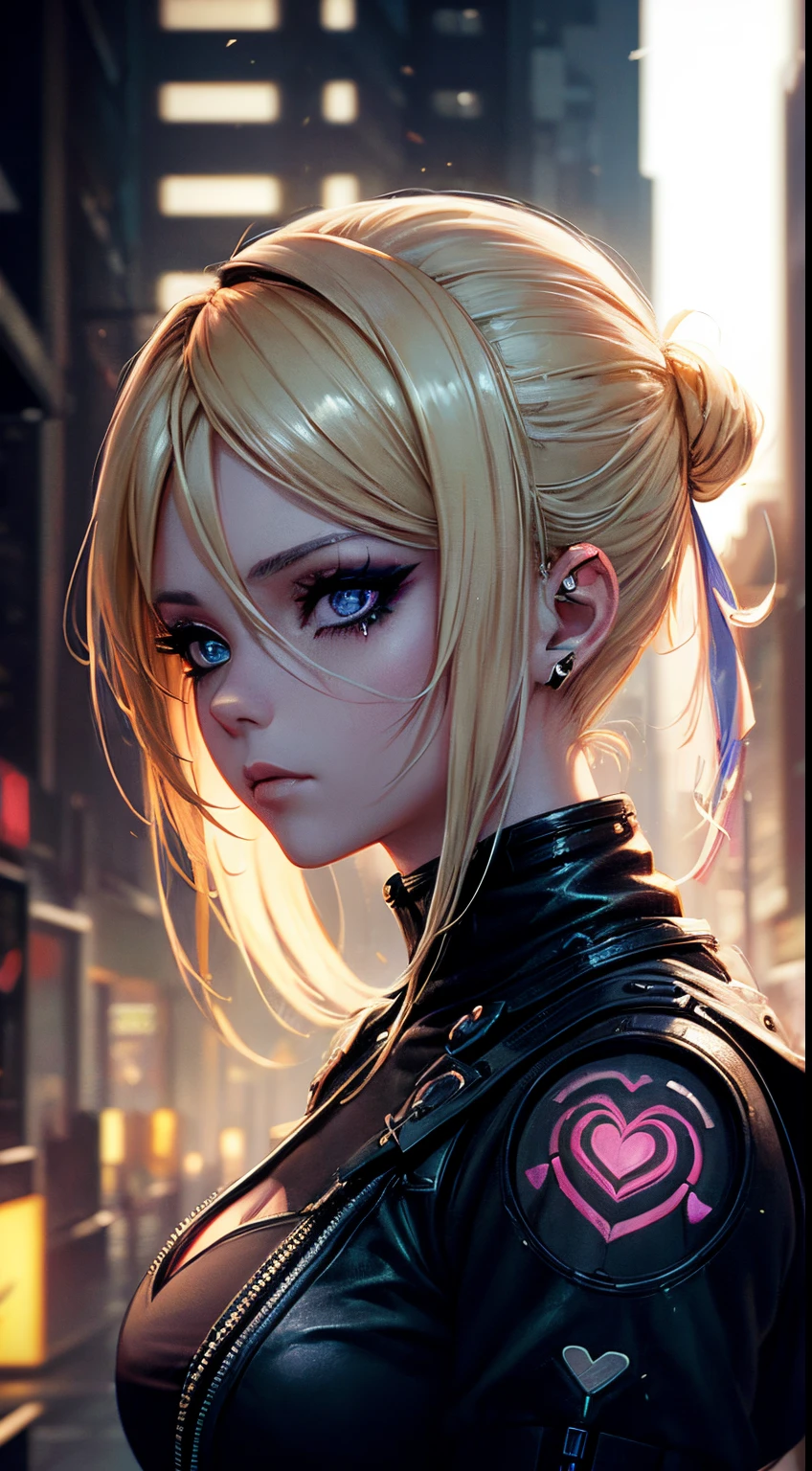A beautiful and sweet cyberpunk blonde, a digital painting of a woman with Love Makeup with arrows, Heart-shaped makeup, cgsociety, gothic art, dystopian art, detailed painting, behance hd, figurative art, anime aesthetic, deep photography, Ilford HP5 film, crushed blacks, depth of field, dark photo, film grain, shadows, natural light
