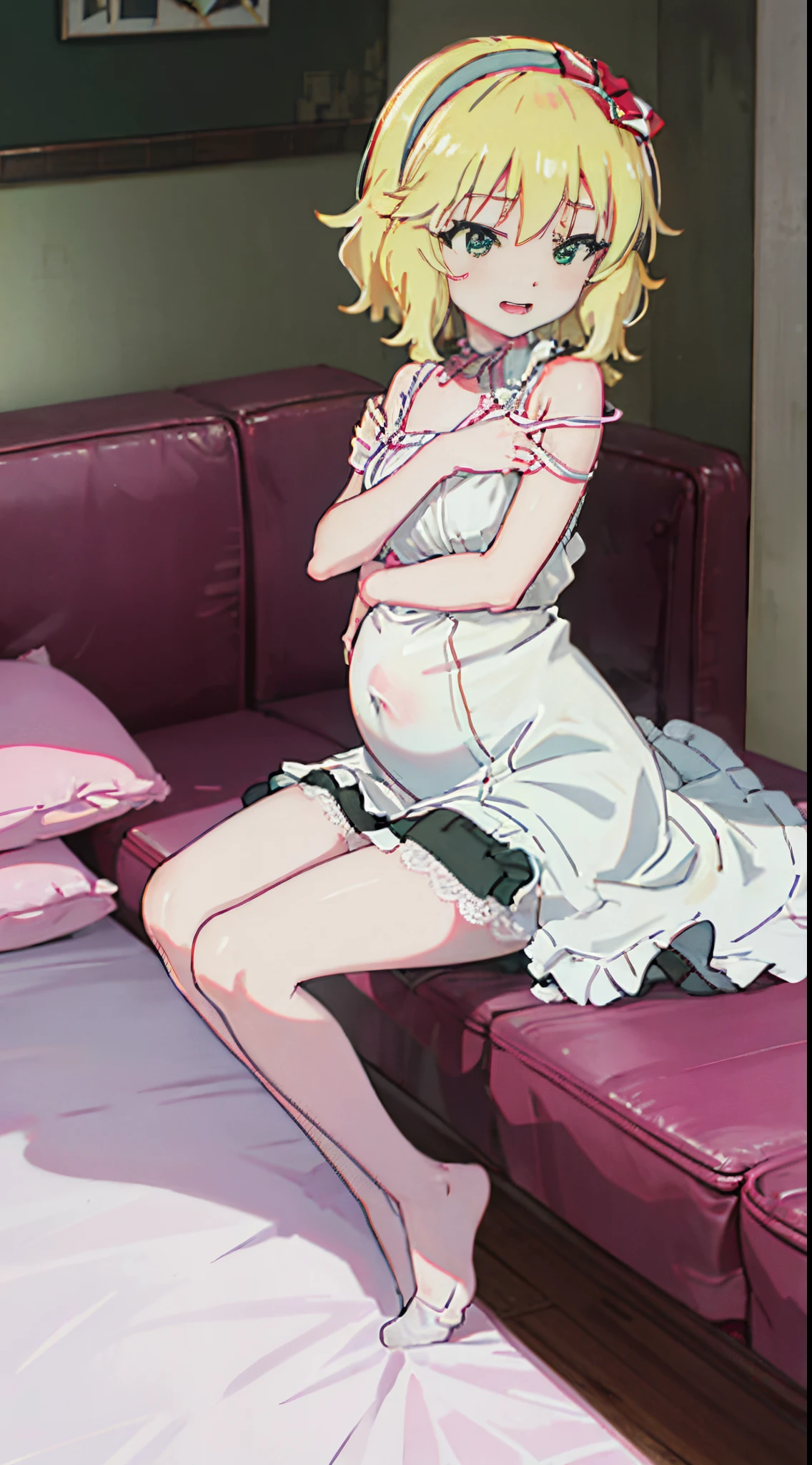 a skirt, white panties,wedding gown,Pregnant belly,white backgrounid,Full body lesbian,Expose your legs,flatchest,lie,Lie down in bed,White stockings,Expose her belly,harness,Lace,revealing the lower abdomen,Small under breasts,spread armpits,Pregnant women suffering from,White panty hose,Pregnant woman,Full body lesbian,Correct human anatomy,(Best quality at best:1.0),4K,face flushed,hyper HD, tmasterpiece, Anatomically correct, super detailing, high detal, high high quality, A high resolution, Best quality at best, 4K,be pregnant,without wearing shoes,prengant,revealing the lower abdomen,Expose your navel,sakurai_momoka_theidolmastercinderellagirlsu149
blonde_hair, hairband, short_hair, green_eyes, bangs, upper_body, smile, bow, open_mouth, wavy_hair