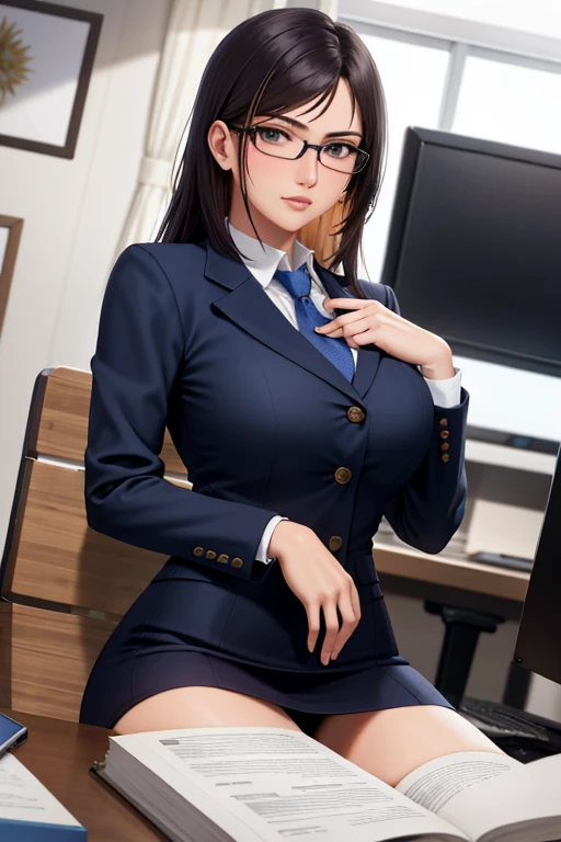 melhor qualidade, alta resolução, imagem diferente, plano de fundo detalhado, mulher, middlebreasts,random wear, cabelos negros longos, eyeglass,inside the office sitting at her desk , dutch angle, Long Launch, serious look,imponente, sensual, respectable boss, usando um terno empresarial