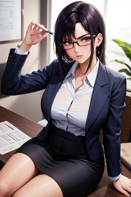 melhor qualidade, alta resolução, imagem diferente, plano de fundo detalhado, mulher, middlebreasts,random wear, cabelos negros longos, eyeglass,inside the office sitting at her desk , dutch angle, Long Launch, serious look,imponente, sensual, respectable boss, usando um terno empresarial