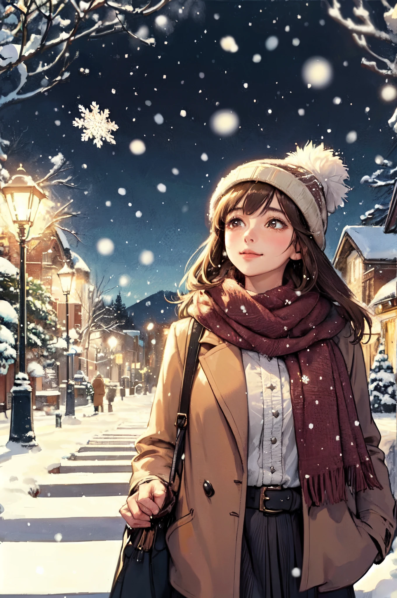 1lady standing, looking up at the sky, /(stylish outfit/), mature female, /(brown hair/) bangs, blush light smile, (eyes sparkling with fascination), facing away, (masterpiece best quality:1.2) delicate illustration ultra-detailed, large breast BREAK (snow falling around her:1.2), (snowflakes dancing down:1.2), main street outdoors