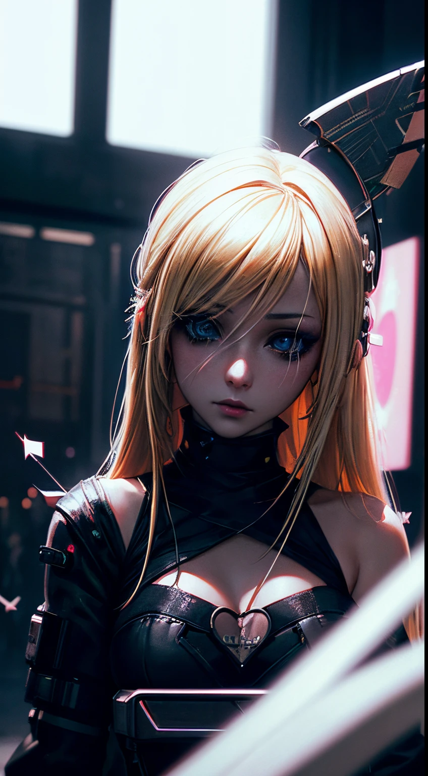 A beautiful and sweet cyberpunk blonde, a digital painting of a woman with Love Makeup with arrows, Heart-shaped makeup, cgsociety, gothic art, dystopian art, detailed painting, behance hd, figurative art, anime aesthetic, deep photography, Ilford HP5 film, crushed blacks, depth of field, dark photo, film grain, shadows, natural light