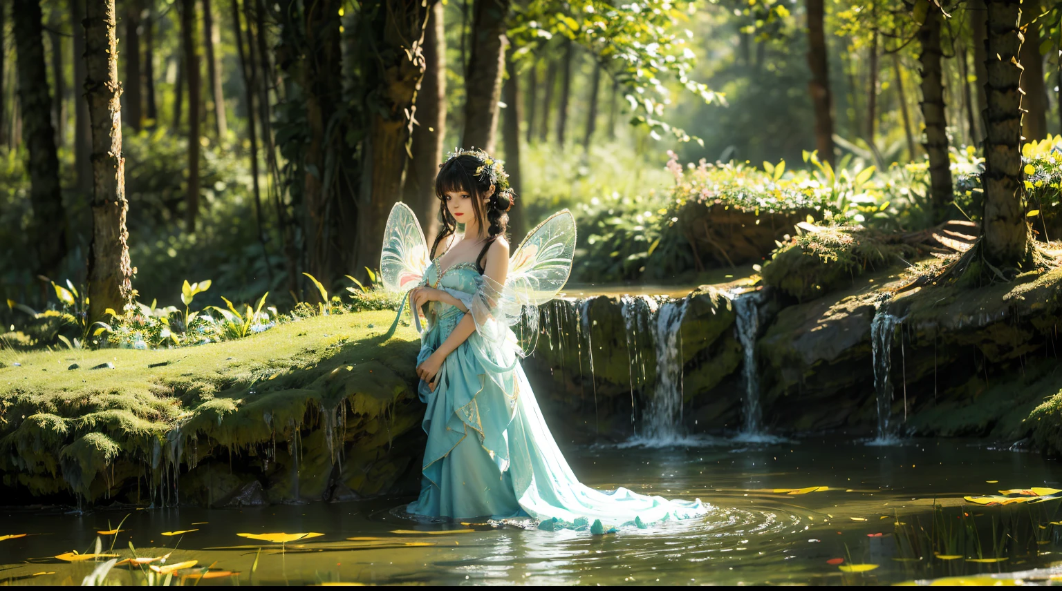 "A mesmerizing and enchanting depiction of a captivating 'Flower Fairy' in a pristine and magical woodland with a pond close to a waterfall setting, with delicate and vibrant flowers adorning her flowing gown. The fairy possesses an otherworldly beauty with ethereal wings, her graceful pose exuding a sense of wonder and magic. Let the colors come alive with a vivid and dreamlike atmosphere, drenched in soft sunlbeams and shimmering particles of pollen. Create a masterpiece capturing the essence of nature's enchantment and the mystical presence of the 'Flower Fairy'."