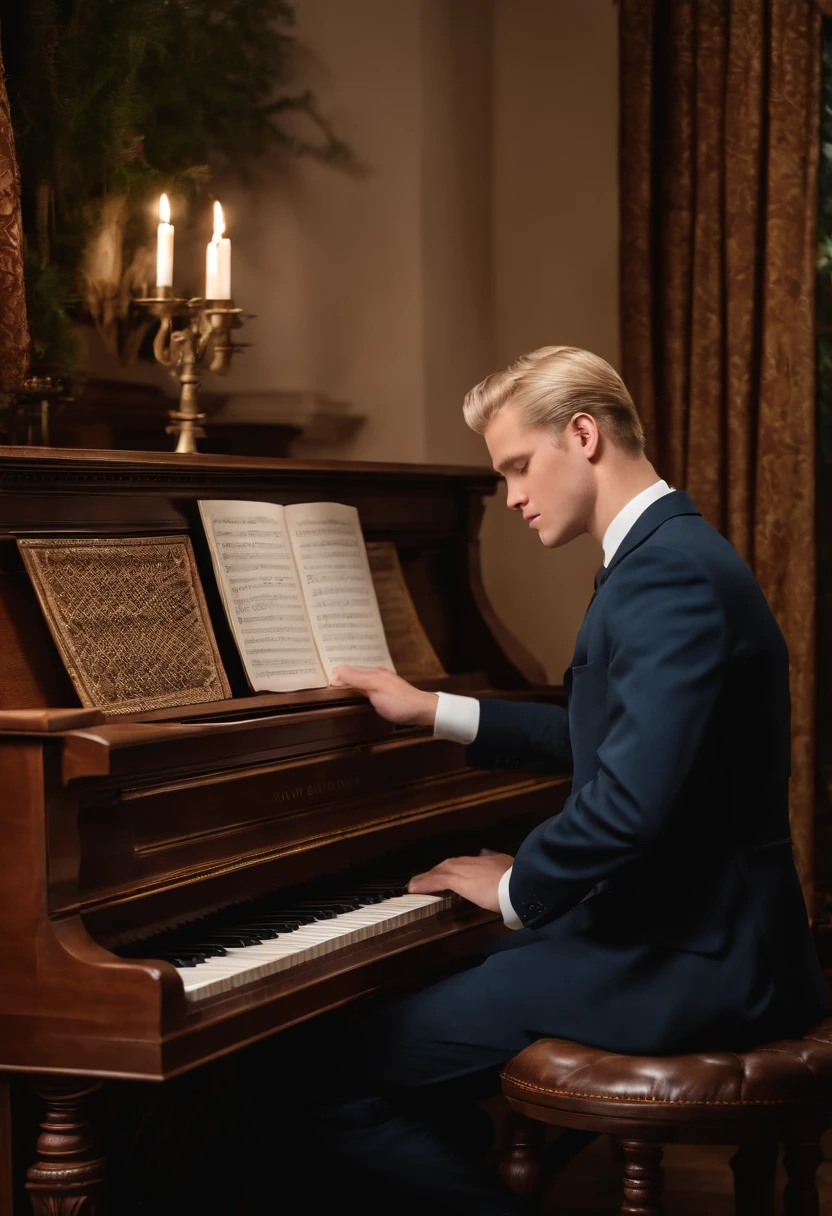 A photo of MormonMorgan at a piano, playing a hymn from the LDS hymnbook,original,MormonMorgan is blonde with blue eyes and he’s nearly 7 ft tall, male