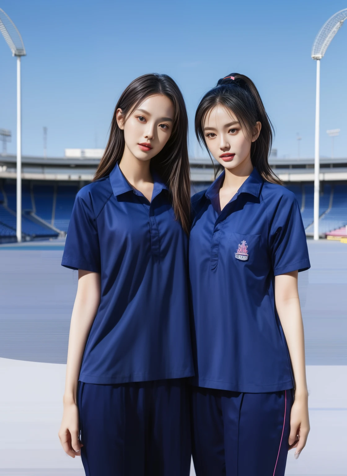 (bestquality,10,10,highres,masterpiece:1.2),ultra-detail,(Realistic,photorealistic portrait,photo-realistic:1.37),1 Cute girl in the football field,oily shiny skin,bara,light smile,BDclothes,((blue shirt:1.3)),short sleeves,shirt, trousers.,(navy_long_Pants Track:1.1), ((Stadium Background:1.3)),dynamic angle,excited,face focus,Dynamic Poses,from behide,Ass Focus,masterpiece, bestquality, ultra realistic, hyper-detail, 8k resolution, RAW photo, crisp focus, ((Navy blue shirt:1.1)), short sleeves, Long Path, Perfect body, 2 mature women, 18yo, cinematic light,Blue sweatpants,Gymware,Correct anatomy,Complete body, Correct body, sharp face, Anatomically correct body, full entire body, Realistic gestures, long-haired, Realistic poses,Wear long shorts.........................,Long leg span,Shapely,Sculpting Girl, Slender Figure, mannequin mannequins, Shapely, Beautiful body,Blue sweatpants, Two girls kissing