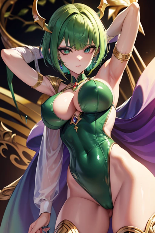 An emerald haired female alien with golden reptilian eyes and purple scales along her jawline with an hourglass figure and short hair has golden piercings along the edge her pointed ears is wearing a green mechanic's overall. Golden chains are hooked into her nose piercing