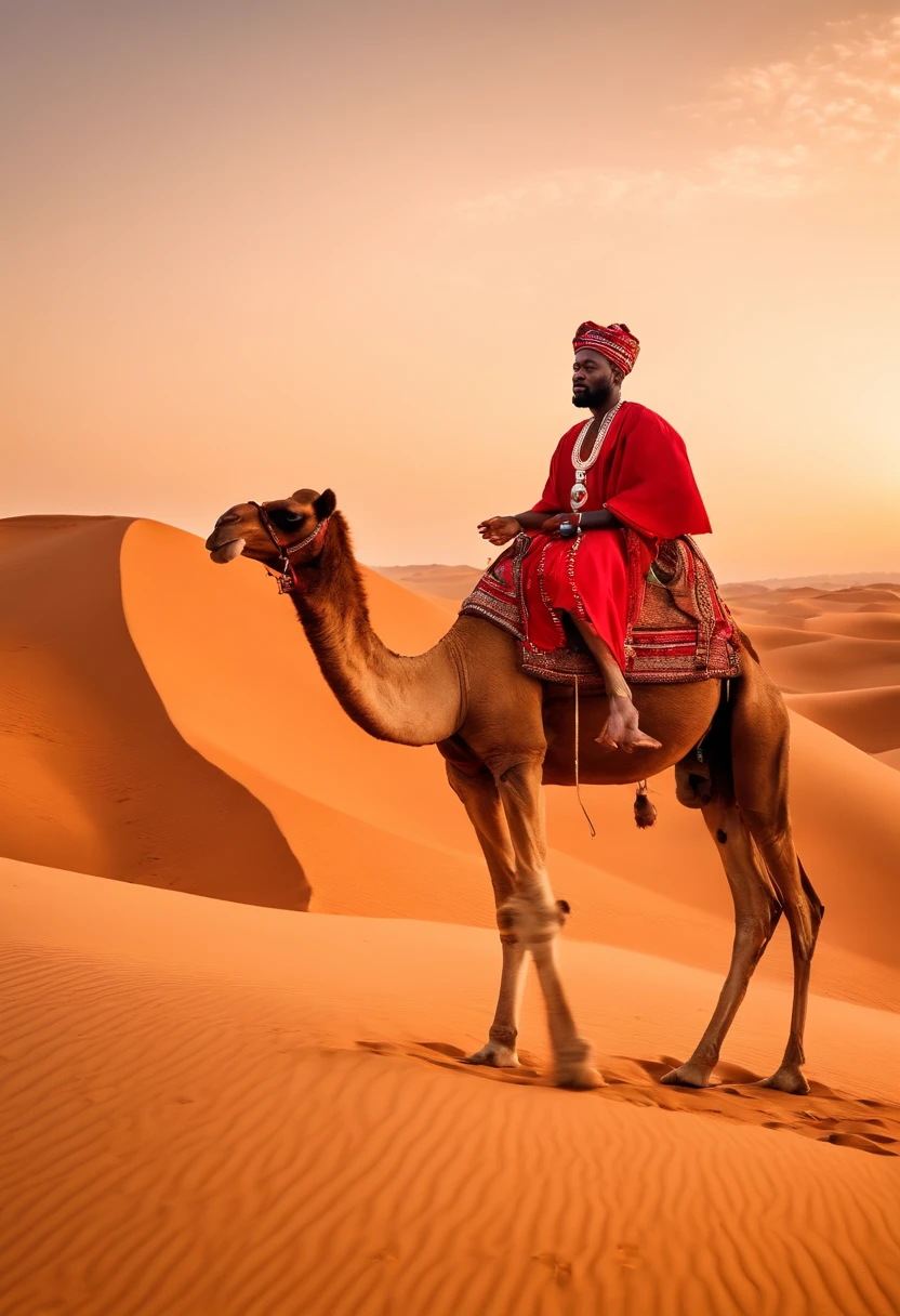 Adekunle is taking a sunset camel ride in the stunning Sahara Desert,original,Prince Adekunle Adebayo, a fictitious Nigerian royal, portrays himself with an aura of elegance and persuasive charm. He’s often seen in opulent, traditional Nigerian robes, his appearance crowned by a confident, yet earnest expression, designed to evoke trust and sympathy., male