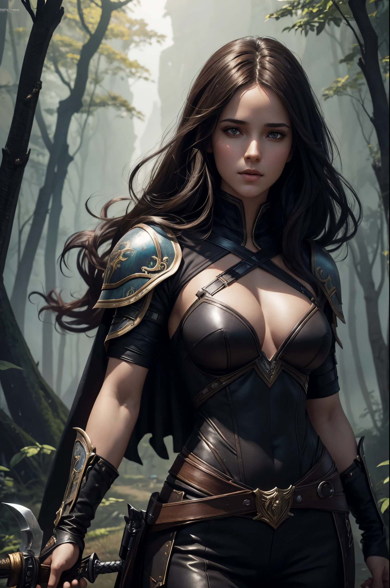 8K,Arafe man in jet black armor holding a sword in the forest,Demon slayer wearing jet black armor, disheveled brown hair,Super handsome,Abaddon and Magali Villeneuve, neoartcore and charlie bowater, William H.. Pongilppi, 4K fantasy art, charlie bowater character art, graphic artist magali villeneuve, epic exquisite character art, magali villeneuve, Stunning character art, edmund blair and charlie bowater,超A high resolution,super realistic skin,Fantasyart,