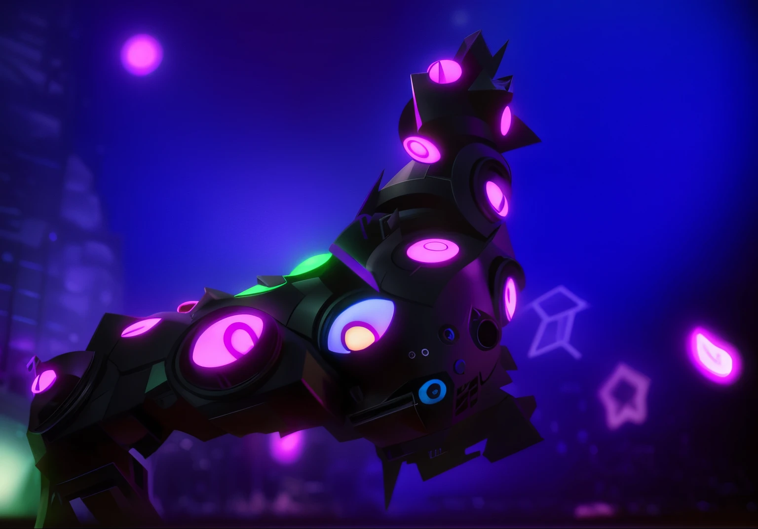 there is a black void aberration with colorful eyes on it, stylized neon, stylized as a 3d render, ai robot tendril remnants, heavily stylized, stylized 3 d, stylized art, glossy, rendered in keyshot, epic concept art. bokeh, lineless, stylized concept art