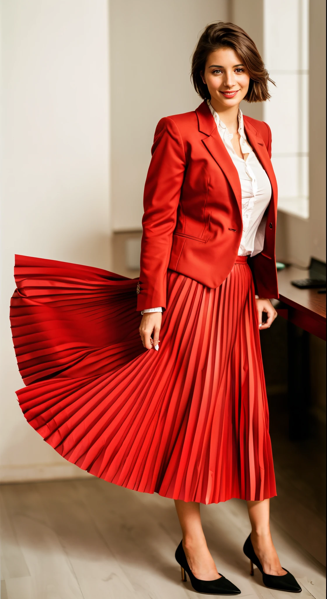 (shy:1,3) smiling woman playing with skirt, dancing, wearing short blazer and very very detailed (long (fully pleated) full circle skirt) and (simple) low heeled office shoes, very very intricate hyper-detailed symmetric (attractive graceful young feminine face) with (sad, tired eyes and a shy smile), large breasts, full of empathy and compassion and love, (pronounced (feminine) features), (highly detailed ultra accurate realistic) hands and fingers, (windy conditions and wind blowing), epic composition, highly detailed attributes, highly detailed space station background, (35mm f1.4 Kodak portra 400 photograph), extremely high quality RAW photograph,
