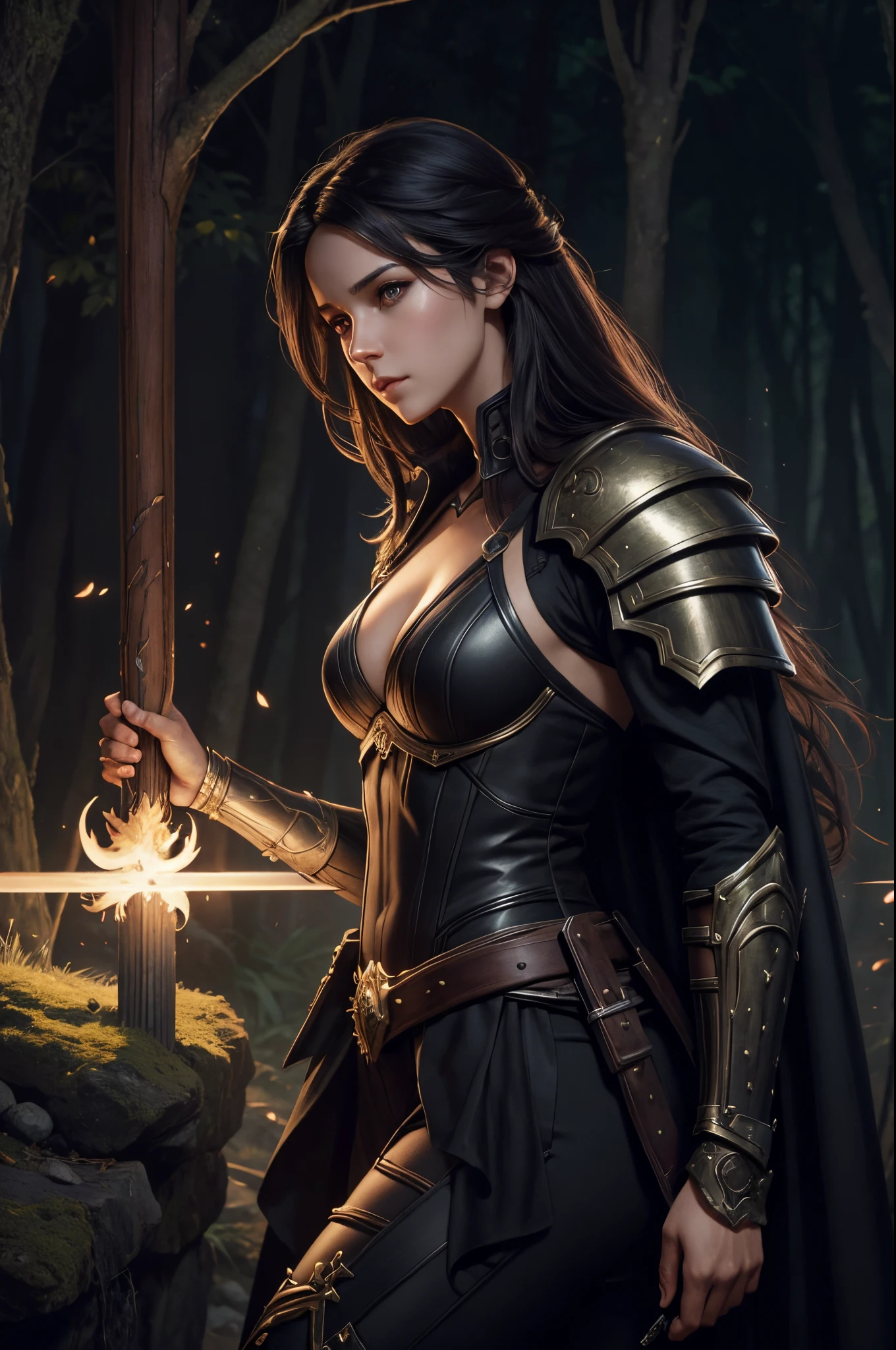 8K,A man in jet black armor holding a sword in the forest,Demon slayer wearing jet black armor, disheveled brown hair,Super handsome,Abaddon and Magali Villeneuve, neoartcore and charlie bowater, William H.. Pongilppi, 4K fantasy art, charlie bowater character art, graphic artist magali villeneuve, epic exquisite character art, magali villeneuve, Stunning character art, edmund blair and charlie bowater,超A high resolution,super realistic skin,Fantasyart,