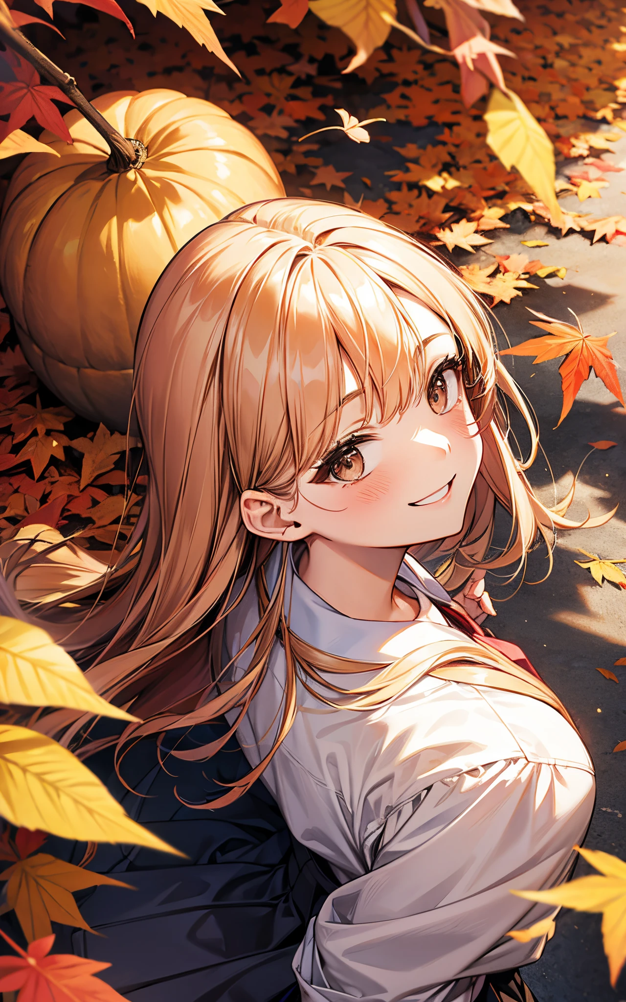 Looking up at the autumn leaves、She smiles in her high school uniform、I got closest to that smile