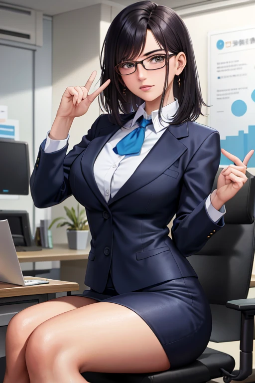 melhor qualidade, alta resolução, imagem diferente, plano de fundo detalhado, mulher, middlebreasts,random wear, cabelos negros longos, eyeglass,inside the office sitting at her desk , dutch angle, Long Launch, serious look,arrogante, sensual, respectable boss, usando um terno empresarial