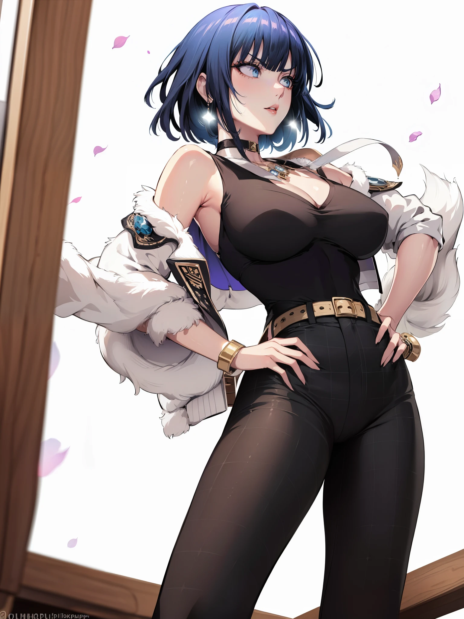 (Beautiful,large_Breasts:1.4), (beautiful_face:1.5),(narrow_waist), Perky Breasts, anime - style woman in black, blue and white outfit standing in front of a tree, detailed anime character art, highly detailed exquisite fanart, highly detailed character design, artwork in the style of guweiz, detailed digital anime art, guweiz, jc leyendecker and sachin teng, striking detailed artstyle, ross tran style, detailed full body concept, detailed fanart, (choker), necklace, collarbone, cleavage, (blue hair), blue eyes, MultiView, beautiful, masterpiece, best quality, perfect lighting, reference sheet, model sheet, (multiple views, [from behind|from side|from front|close-up|upper body|portrait]:1.2), (monster girl:1.2), detailed hands and fingers, high quality, Fubuki (one punch man), iom, parkdona, puuna, (short jacket), bolero jacket, turtleneck, sleeveless, yellow skirt, plaid skirt, 1girl, (innocent_big_eyes:1.0),(Light_Smile:0.3), official art,extremely detailed CG unity 8k wallpaper, perfect lighting,Colorful, Bright_Front_face_Lighting,White skin, (masterpiece:1.0),(best_quality:1.0), ultra high res,4K,ultra-detailed, photography, 8K, HDR, highres, absurdres:1.2, Kodak portra 400, film grain, blurry background, bokeh:1.2, lens flare, (vibrant_color:1.2),professional photograph,