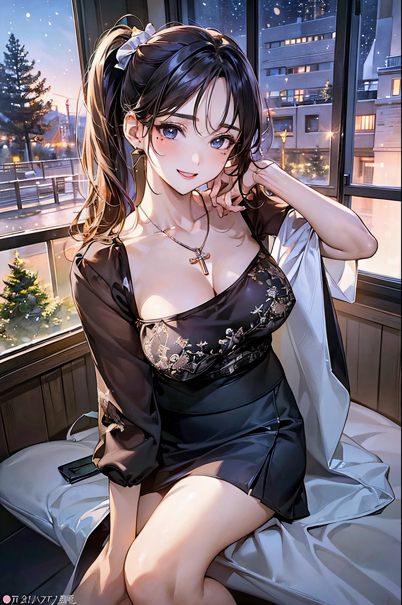 ((((perfect anatomy, super detailed skin)))), 1 girl, japanese, high school girl, shiny skin, large breasts:0.5, watching the view, 
beautiful hair, beautiful face, beautiful detailed eyes, (long hair:1.7, side ponytail:1.5), blue eyes, 
beautiful clavicle, beautiful body, beautiful chest, beautiful thigh, beautiful legs, ****face, mole under eye, 
((camisole, mini skirt), cross necklace), seductive thighs, , 
((smile:1.5, open your mouth wide)), , 
(beautiful scenery), modern architecture, living room, carpet, sitting floor, window, winter, night, christmas, (christmas tree), snow, snowfall:1.5, freezing weather, frost, 
(8k, top-quality, masterpiece​:1.2, extremely detailed), (photorealistic), beautiful illustration, cinematic lighting, (thigh focus, from below, view from forward:1.3),