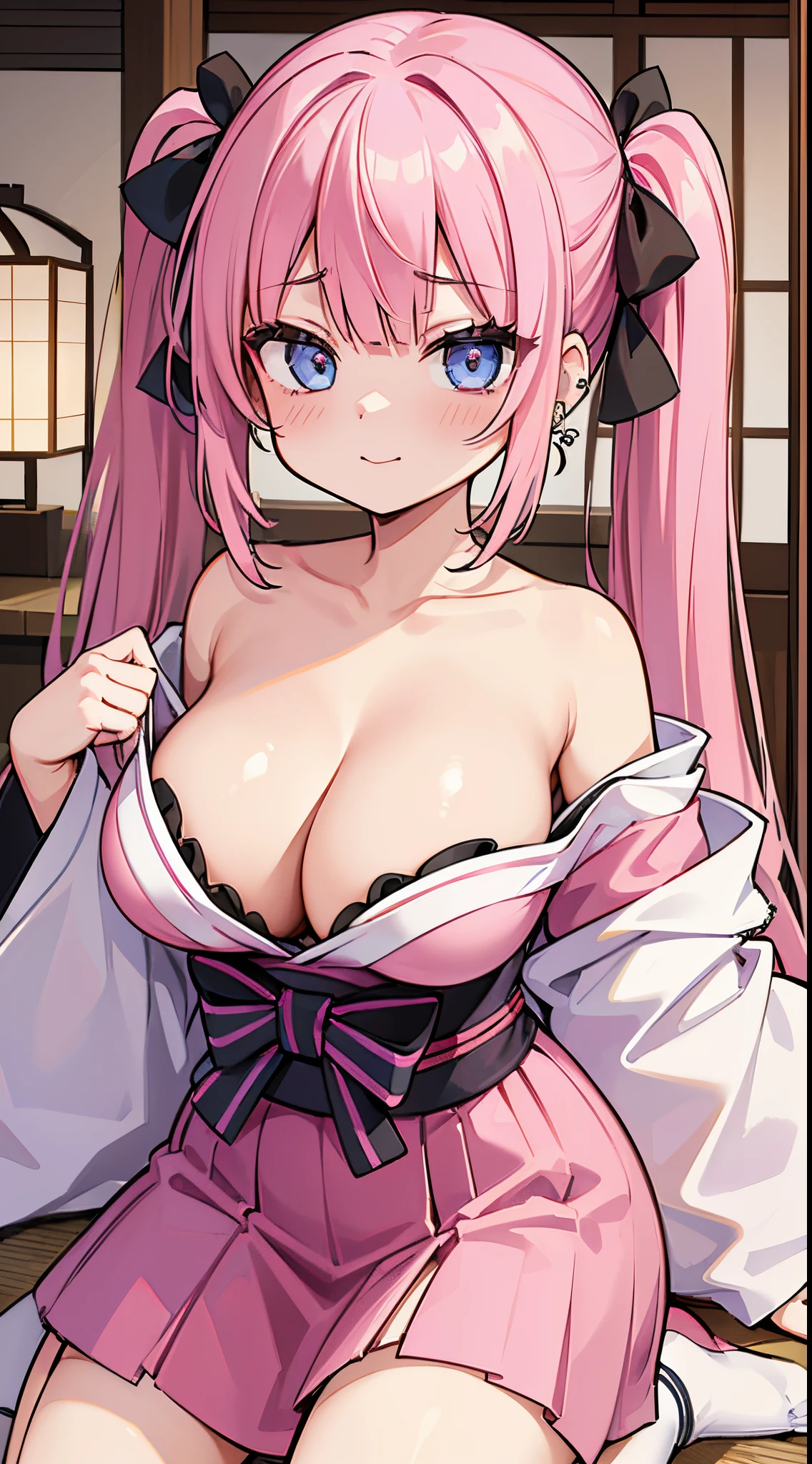 (​masterpiece、top-quality、ultra-detailliert)、((1 girl))、((Pink hair twin tails))、light blue  eyes、evilsmile、piercings、((very Bigger breasts))、red kimono、cleavage、wariza、Japanese-style room background