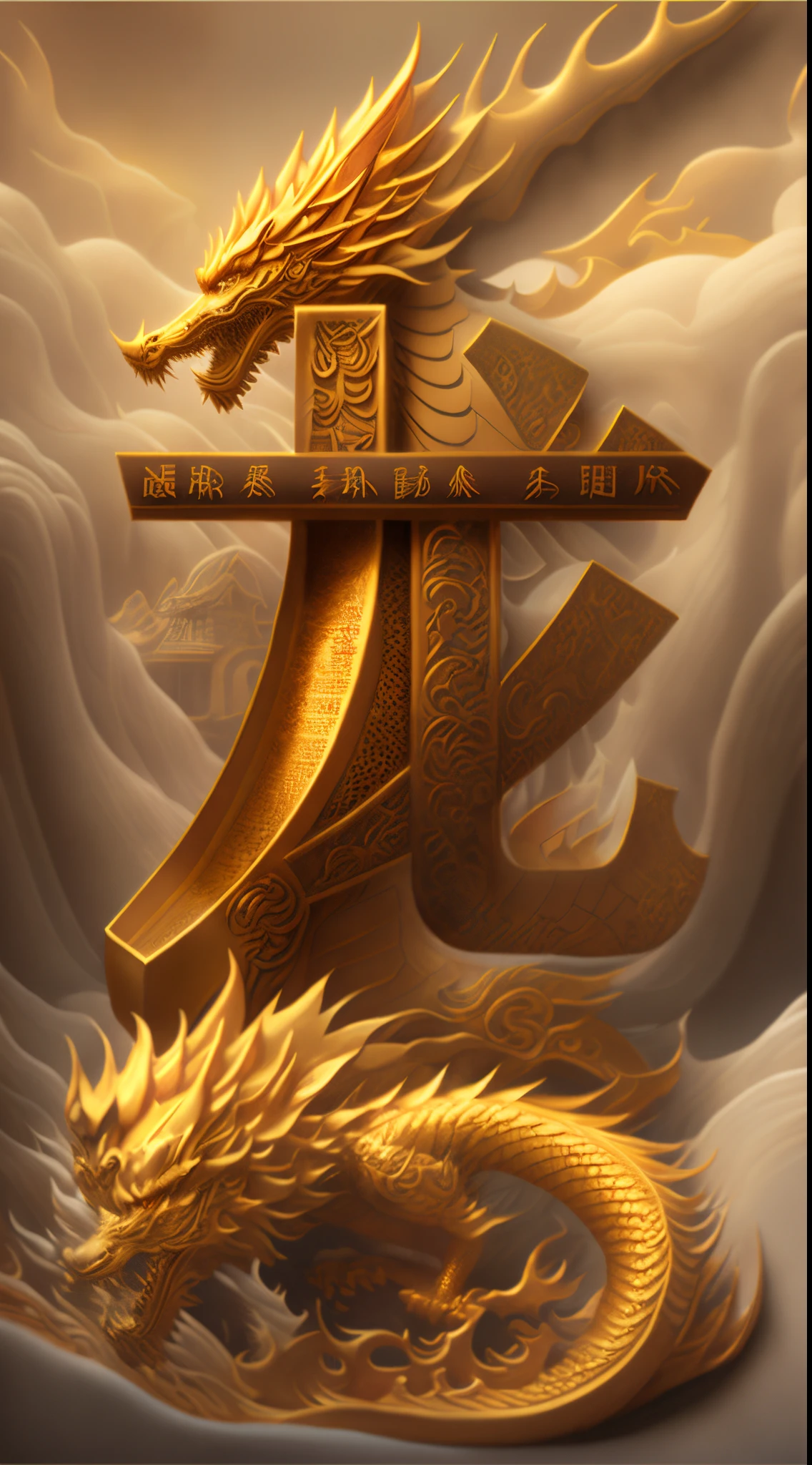 Huge golden dragon，Blizzarding，(3D rendering Chinese text)，Fantasyart，Surreal，,the ultra-detailed,