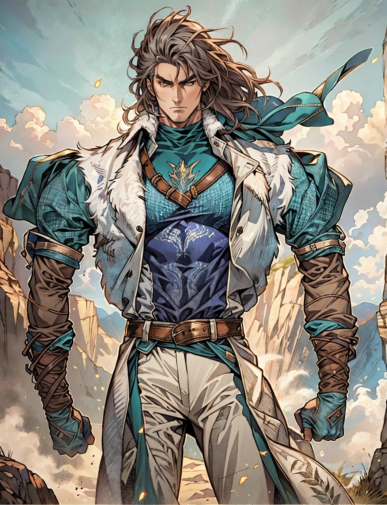A middle-aged man, long teal hair, wild and disheveled hairstyle, determined gaze, a serious expression, noble features, some stubble, a simple fantasy-style two-piece hunter outfit, a short-sleeved gray shirt, a brown fur-lined coat, a cloth belt cinches his waist, ribbons wrap around his entire arm, coarse fabric pants, stands proudly atop a mountain peak, this character embodies a finely crafted fantasy-style hunter in anime style, exquisite and mature manga art style, high definition, best quality, highres, ultra-detailed, ultra-fine painting, extremely delicate, professional, anatomically correct, symmetrical face, extremely detailed eyes and face, high quality eyes, creativity, RAW photo, UHD, 8k, Natural light, cinematic lighting, masterpiece-anatomy-perfect, masterpiece:1.5
