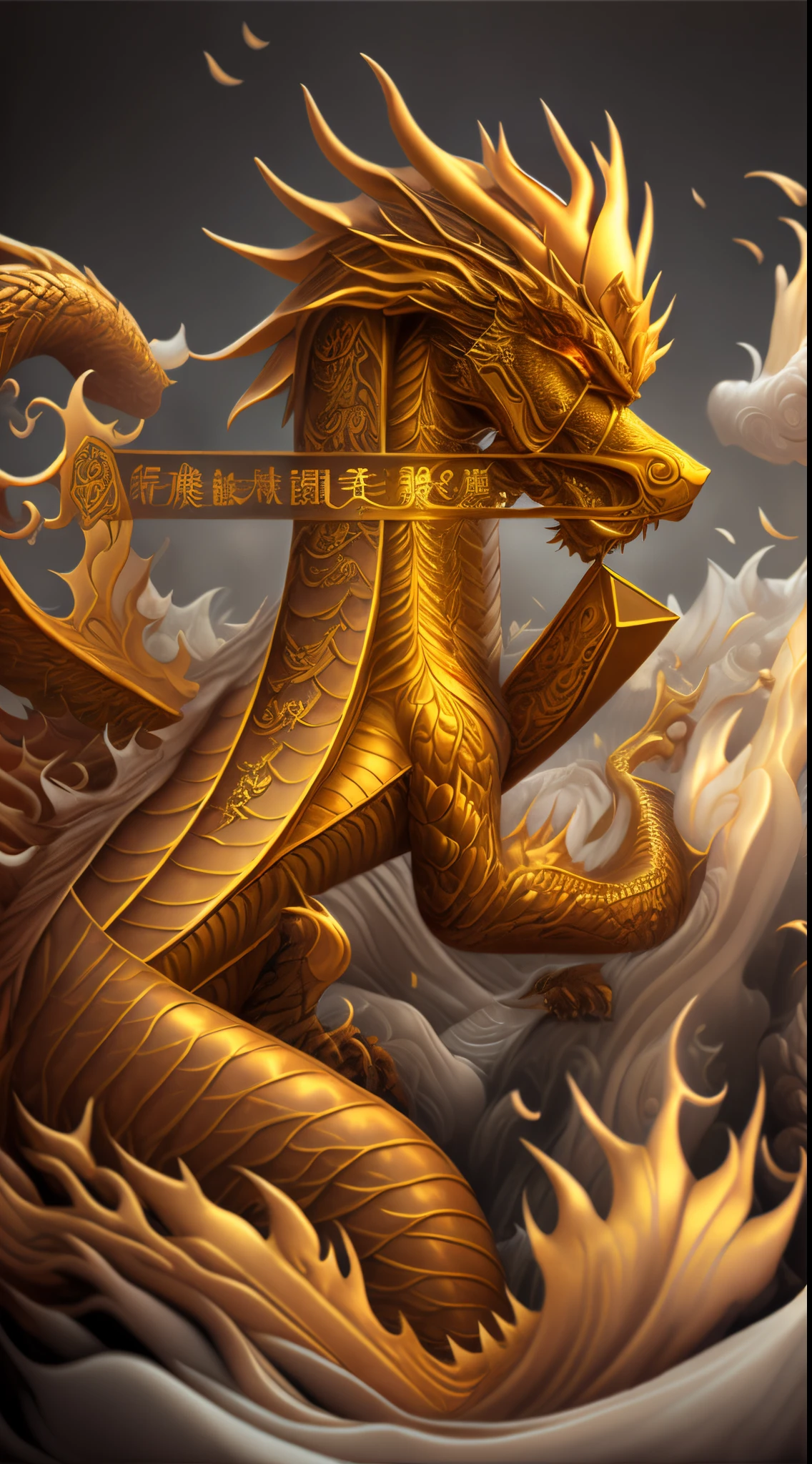 Huge golden dragon，Blizzarding，(3D rendering Chinese text)，Fantasyart，Surreal，,the ultra-detailed,