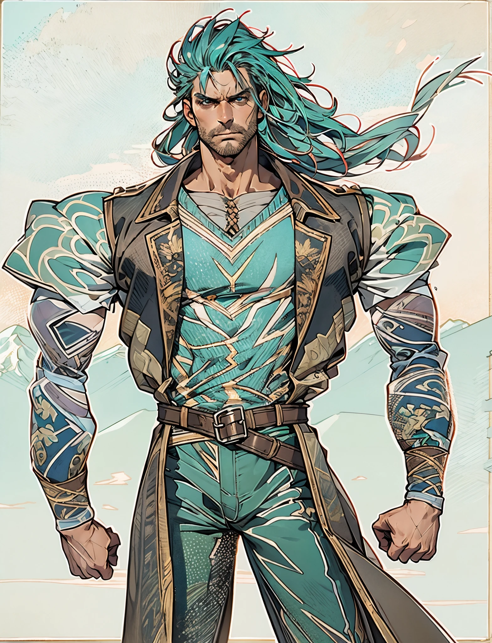 A middle-aged man, long teal hair, wild and disheveled hairstyle, determined gaze, a serious expression, noble features, some stubble, a simple fantasy-style two-piece hunter outfit, a short-sleeved gray shirt, a brown fur-lined coat, a cloth belt cinches his waist, ribbons wrap around his entire arm, coarse fabric pants, stands proudly atop a mountain peak, this character embodies a finely crafted fantasy-style hunter in anime style, exquisite and mature manga art style, high definition, best quality, highres, ultra-detailed, ultra-fine painting, extremely delicate, professional, anatomically correct, symmetrical face, extremely detailed eyes and face, high quality eyes, creativity, RAW photo, UHD, 8k, Natural light, cinematic lighting, masterpiece-anatomy-perfect, masterpiece:1.5