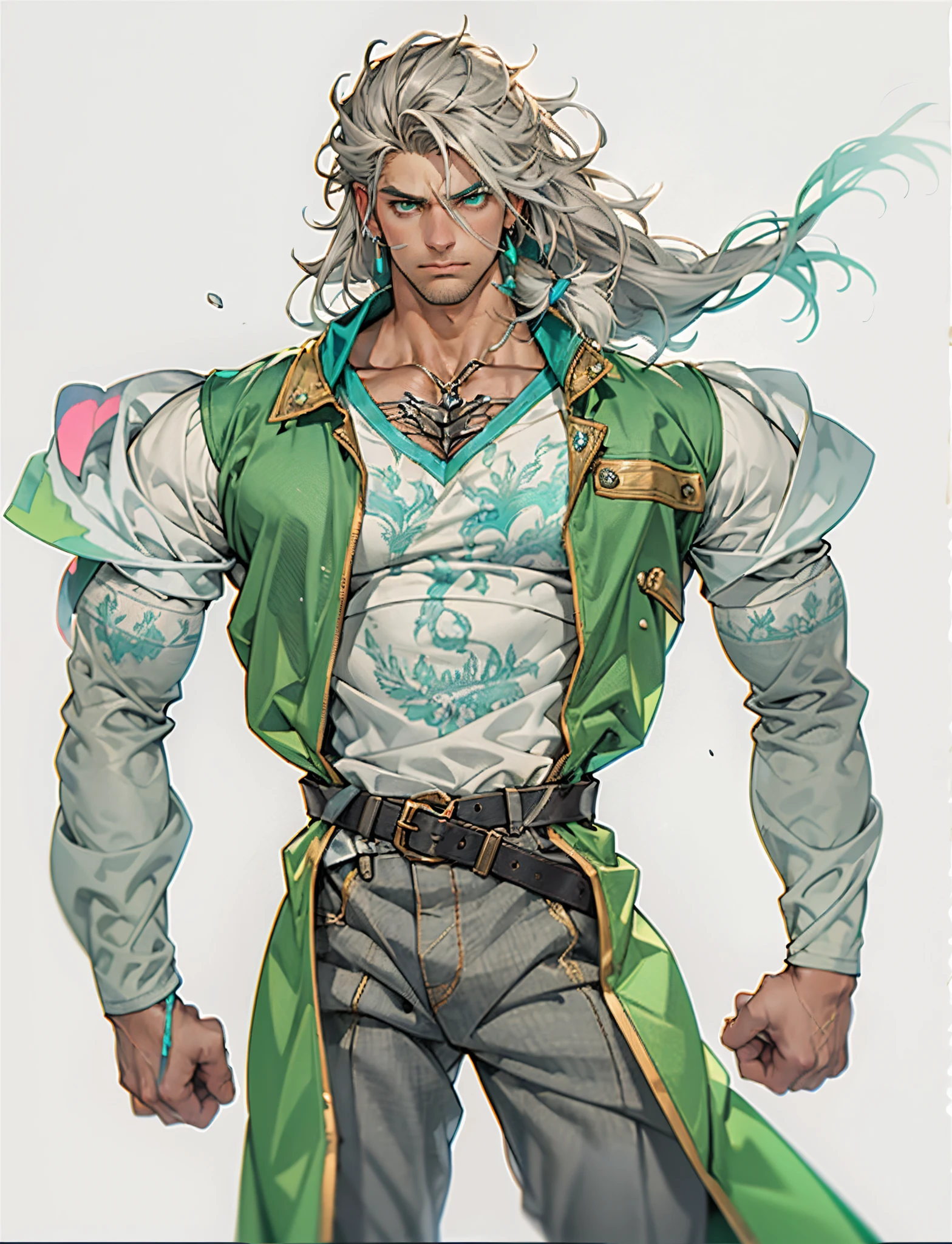A middle-aged man, long teal hair, wild and disheveled hairstyle, determined gaze, a serious expression, noble features, some stubble, a simple fantasy-style two-piece hunter outfit, a short-sleeved gray shirt, a brown fur-lined coat, a cloth belt cinches his waist, ribbons wrap around his entire arm, coarse fabric pants, stands proudly atop a mountain peak, this character embodies a finely crafted fantasy-style hunter in anime style, exquisite and mature manga art style, high definition, best quality, highres, ultra-detailed, ultra-fine painting, extremely delicate, professional, anatomically correct, symmetrical face, extremely detailed eyes and face, high quality eyes, creativity, RAW photo, UHD, 8k, Natural light, cinematic lighting, masterpiece-anatomy-perfect, masterpiece:1.5