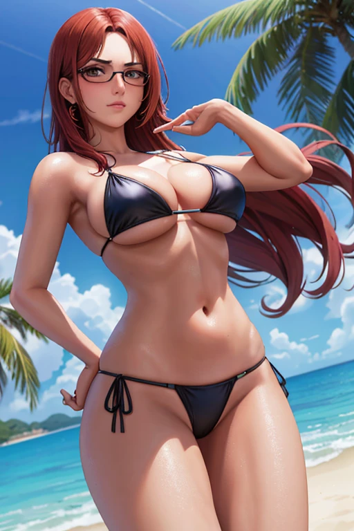 melhor qualidade, alta resolução, imagem diferente, plano de fundo detalhado, mulher, middlebreasts,random wear, cabelos negros longos, eyeglass,proxima a piscina , dutch angle, Long Launch, serious look,imponente, sensual, respectable boss, wearing a red bikini