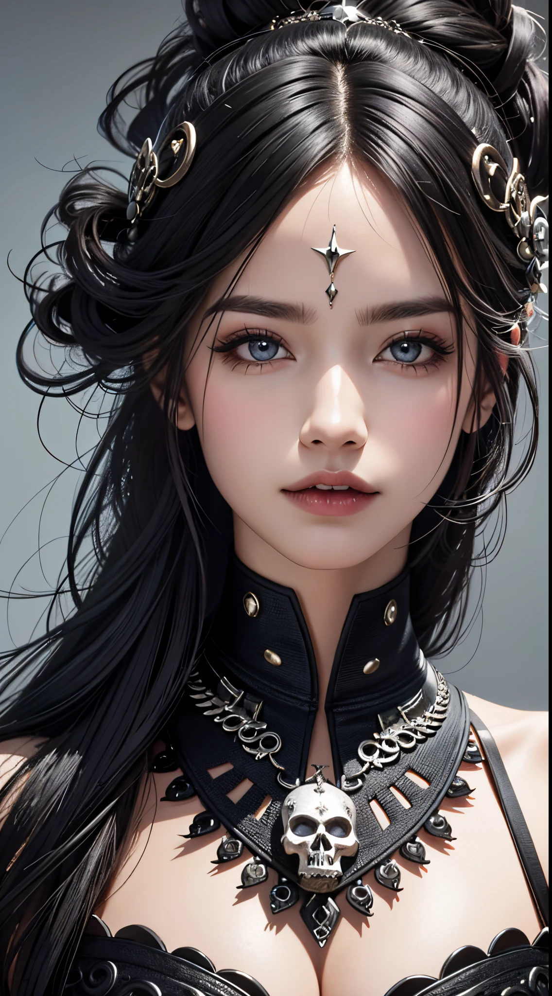 eye reflection, skull hair ornament, UHD, retina, masterpiece, ccurate, anatomically correct, textured skin, super detail, high details, high quality, best quality, highres, 1080P, HD, 4K, 8k, 16k